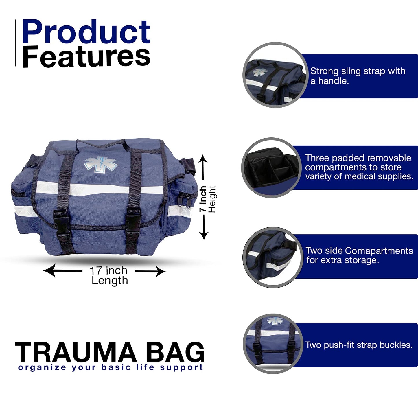 Primacare KB-RO74-B First Responder Bag for Trauma, 17 inch x9 inch x7 inch Professional Multiple Compartment Kit Carrier for Emergency Medical Supplies, Blue