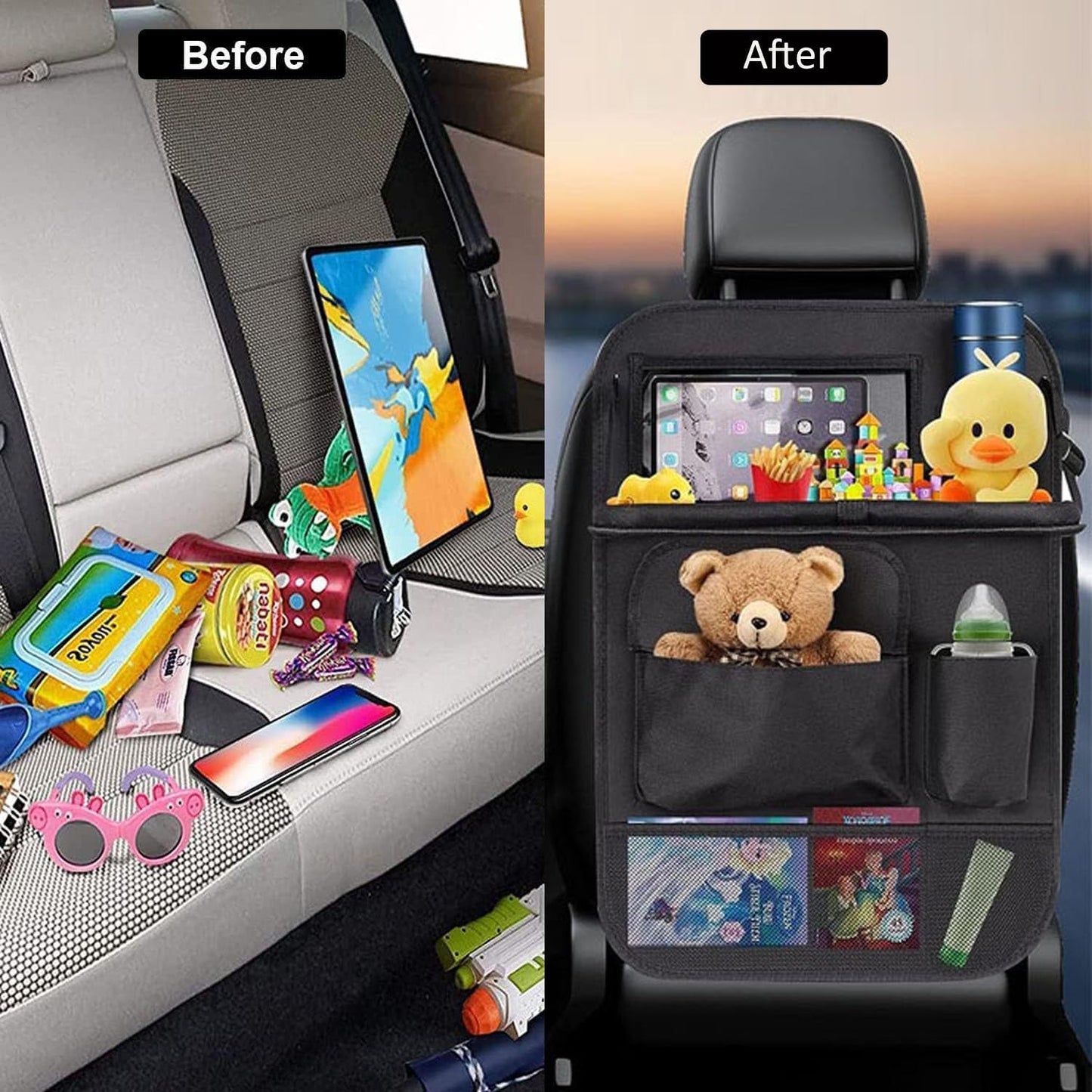 Meirenda 2 Pack Car Backseat Organizer with Foldable Food Tray, Multi-Pocket Multifunctional Hanging Car Storage Organizer Bag with Tablet Holder, Kids Car Kick Mats Seat Back Protector for Travel