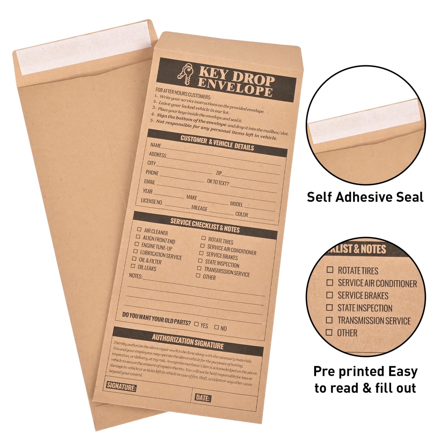 500-Count Key Drop Envelopes for Auto Shop Repair & After Hours Service, #10 Self Adhesive 28lb Brown Kraft Paper, Ideal for Overnight Service Drop Box, 4.125 x 9.5 Inches(horizontal)