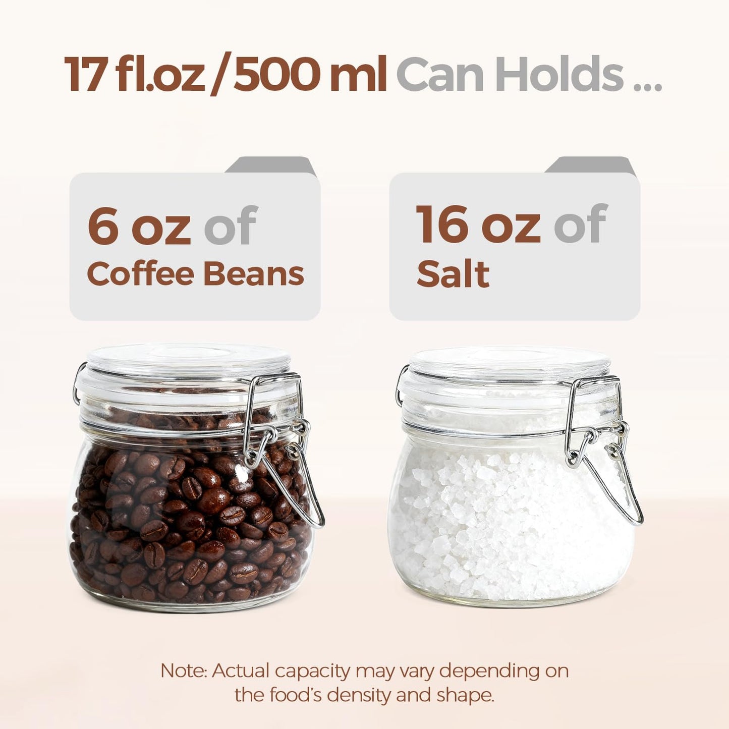 ComSaf Glass Food Storage Jar with Airtight Lid 500ML/17OZ Set of 6, Storage Canister Container Round with Clear Preserving Seal Clip Fastening for Kitchen and Pantry Organization Cereal, Coffee,