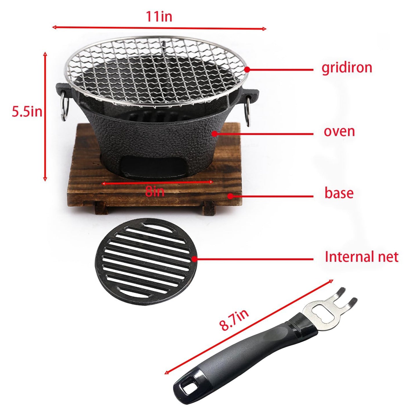 Round Seasoned Cast Iron Charcoal Hibachi Grill for Outdoor Barbecue