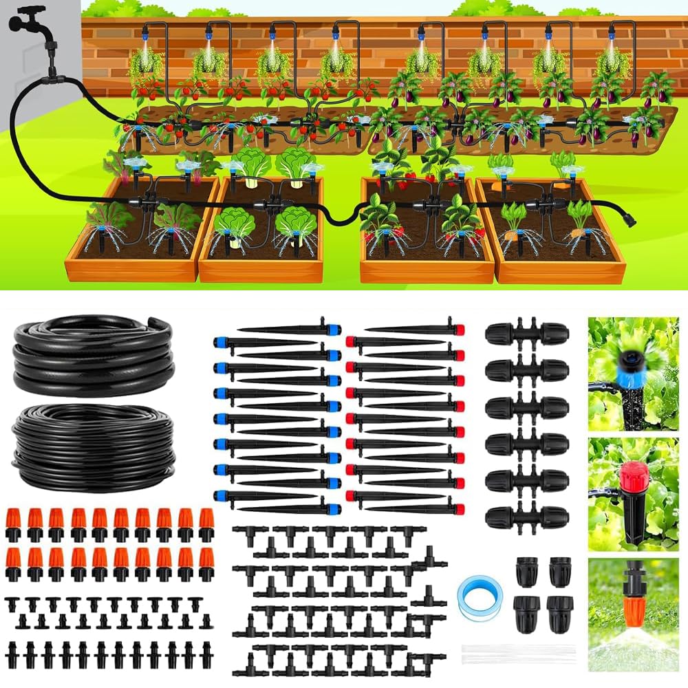 240FT Drip Irrigation System Kit,Automatic Drip Irrigation Kit with 1/2 inch Hose 1/4 inch Distribution Tubing and Accessories, Garden Watering Misting System for Greenhouse, Yard, Lawn, Plant