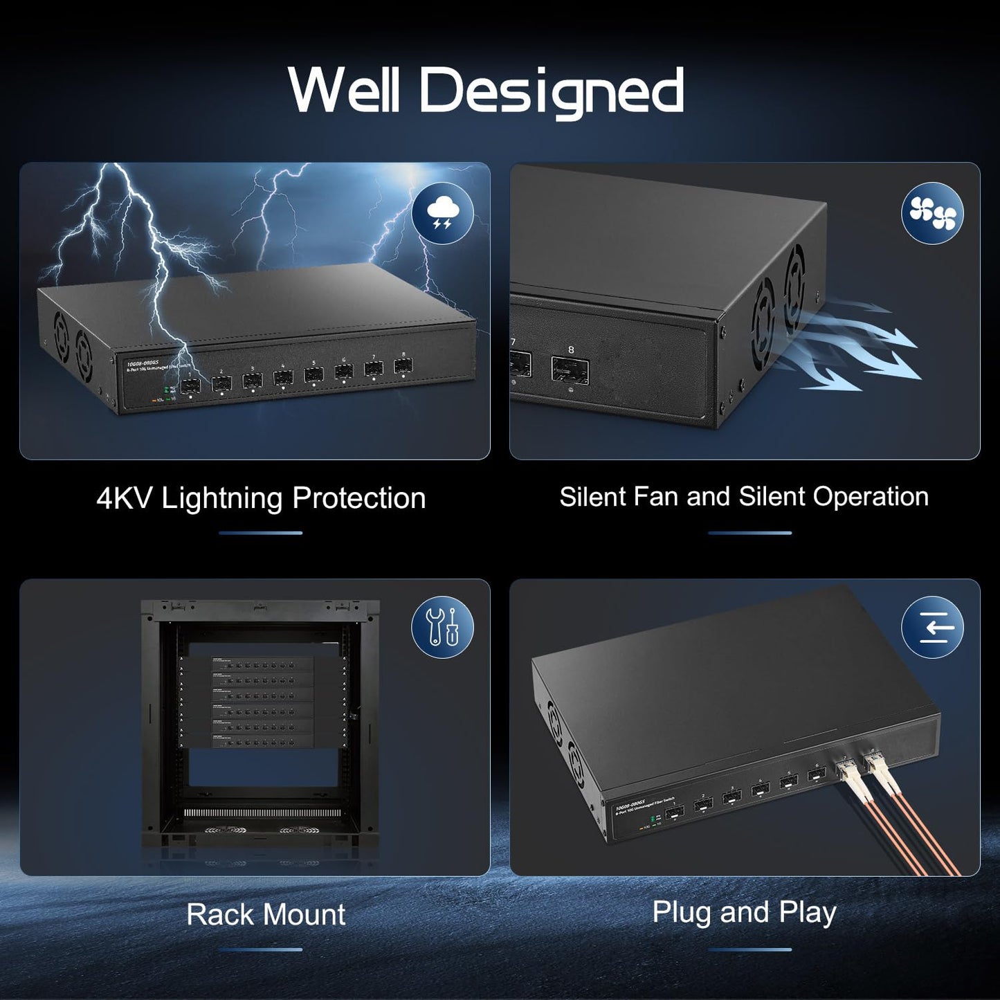 Binardat 8 Port 10 Gigabit Fiber Switch, 8x10G SFP+ Slot, Support 1G/10G, 160Gbps Bandwidth, Unmanaged Metal Desktop|Rackmount Network Switch