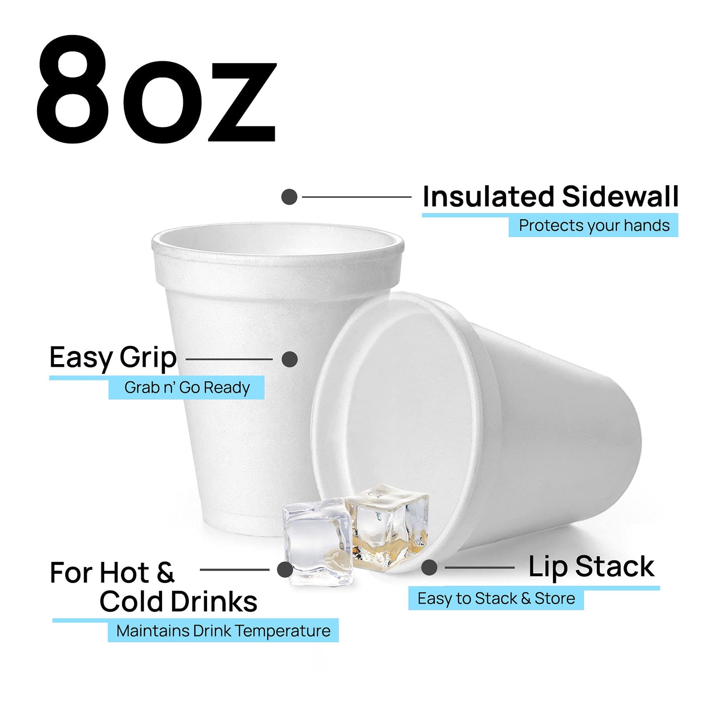 8 Oz Disposable Foam Cups (100 Pack), White Foam Cup Insulates Hot & Cold Beverages, Made in The USA, to-Go Cups - for Coffee, Tea, Hot Cocoa, Soup, Broth, Smoothie, Soda, Juice