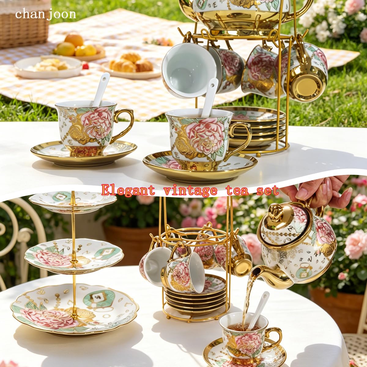 CHANJOON Gold Plated Red Rose Ceramic Tea Sets, Vintage Tea Set with Teapot, Beautiful Tea Set Coffee Serving 6 People (Golden, Medium)