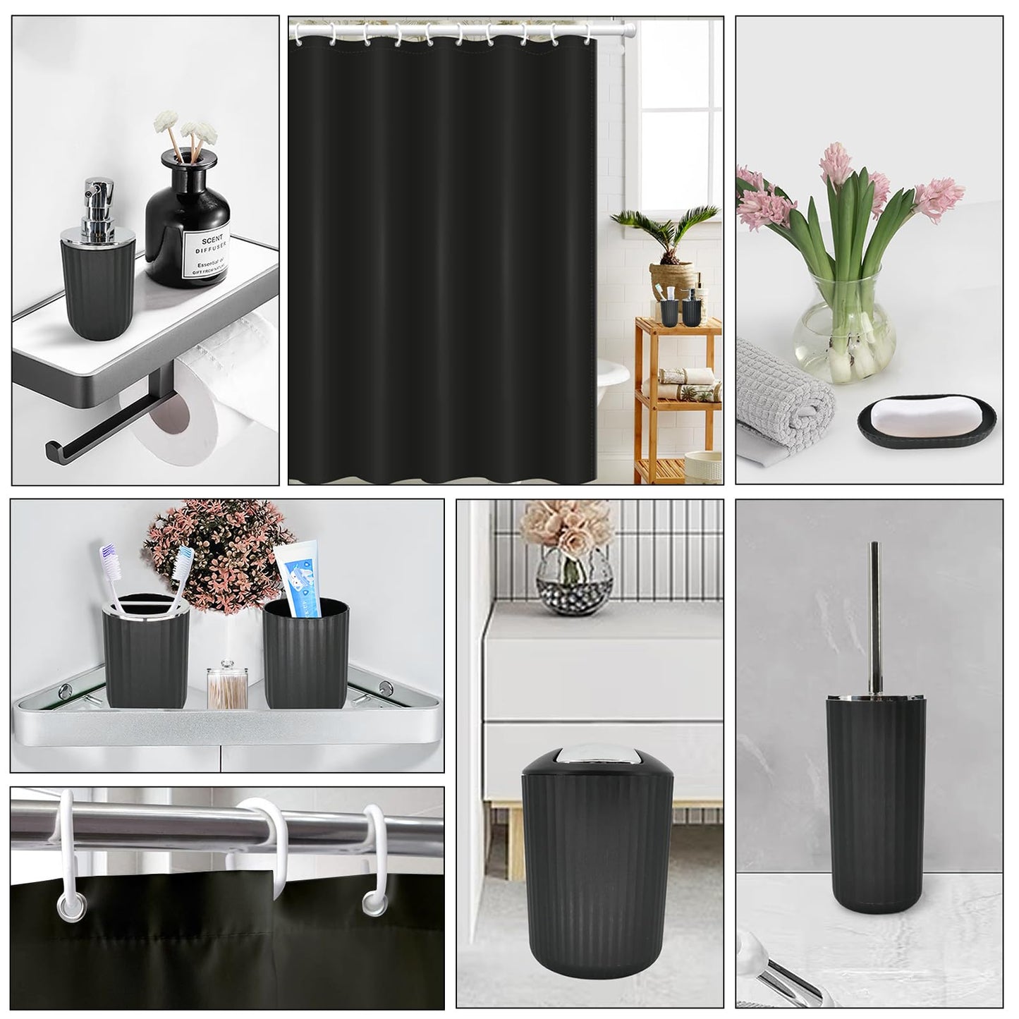 Black Bathroom Accessories Set, 9-Piece Bathroom Accessory Sets Complete with Trash Can,Shower Curtain, Vanity Tray, Soap Dispenser (Black)