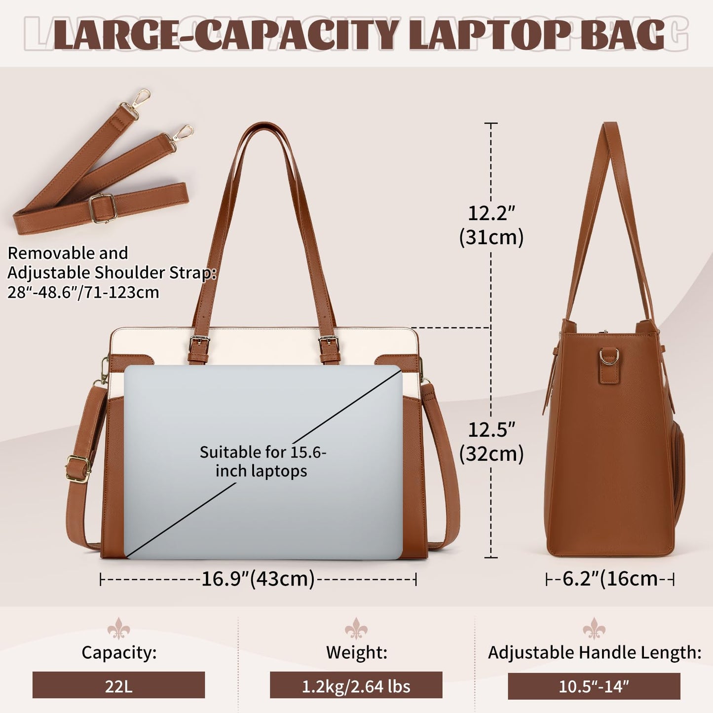 RAINSMORE Laptop Bags for Women with Lunch Compartment,Large Work Bag Women 15.6 inch Laptop Tote Bags for Women PU Leather Laptop Purse,Brown