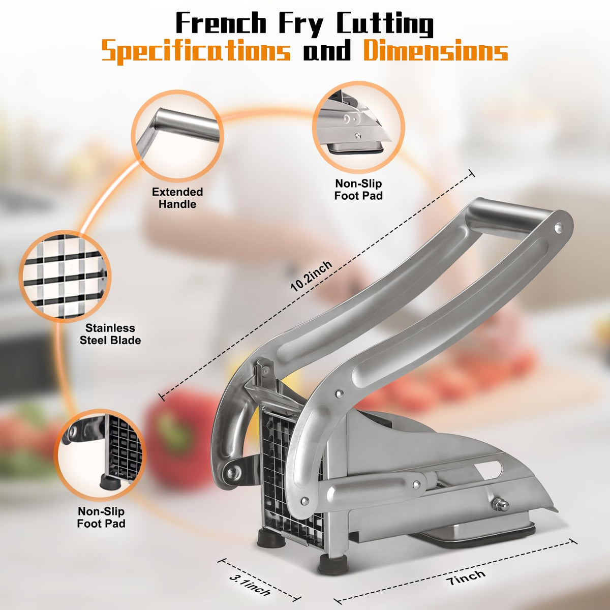 French Fry Cutter, Stainless Steel Potato Cutter, Potato Slicer, Includes 2 Blade Size Cutter Options and No-Slip Suction Base, Perfect for use with Air Fryer