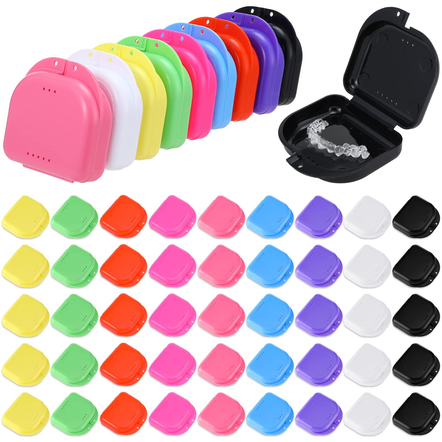 64 Pcs Retainer Case with Vent Holes Mouth Guard Container Case Dental Storage Container Multicolor Dental Retainer Box for Office Travel Household, 9 Colors