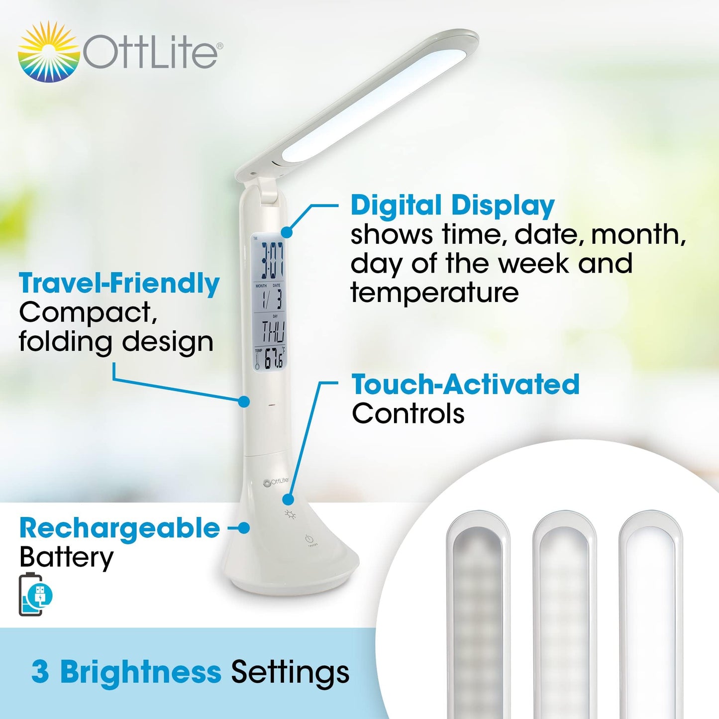 OttLite Travel LED Task Lamp with ClearSun LED Technology - Cordless, Digital Display & Touch Activated Controls - Portable Desk Lamp with Rechargeable Battery - for Home Reading, Office