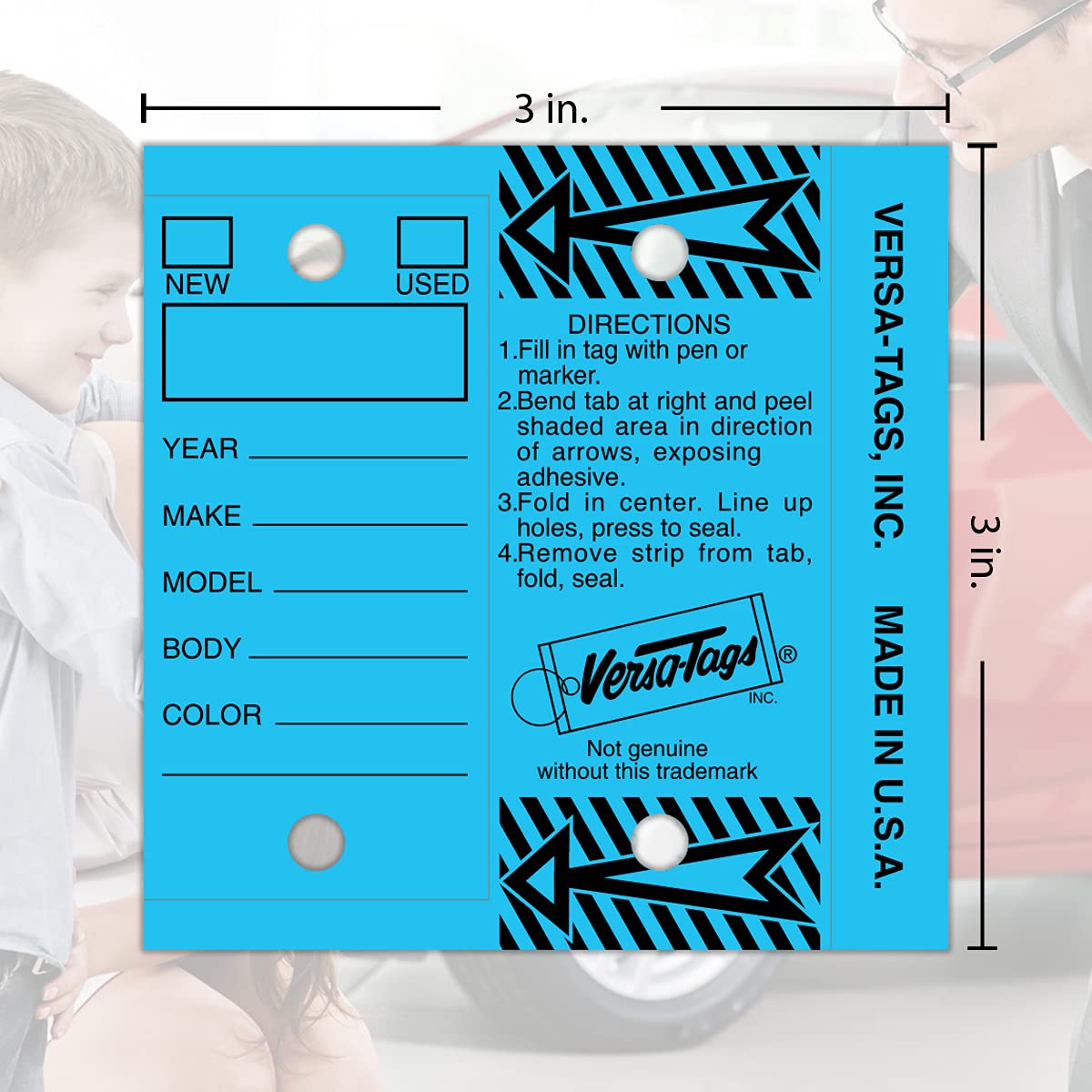 BLUE - Genuine Versa-Tag Blue Key Tags, Self-Protecting (250 tags per box with "Chrome" plated steel rings)