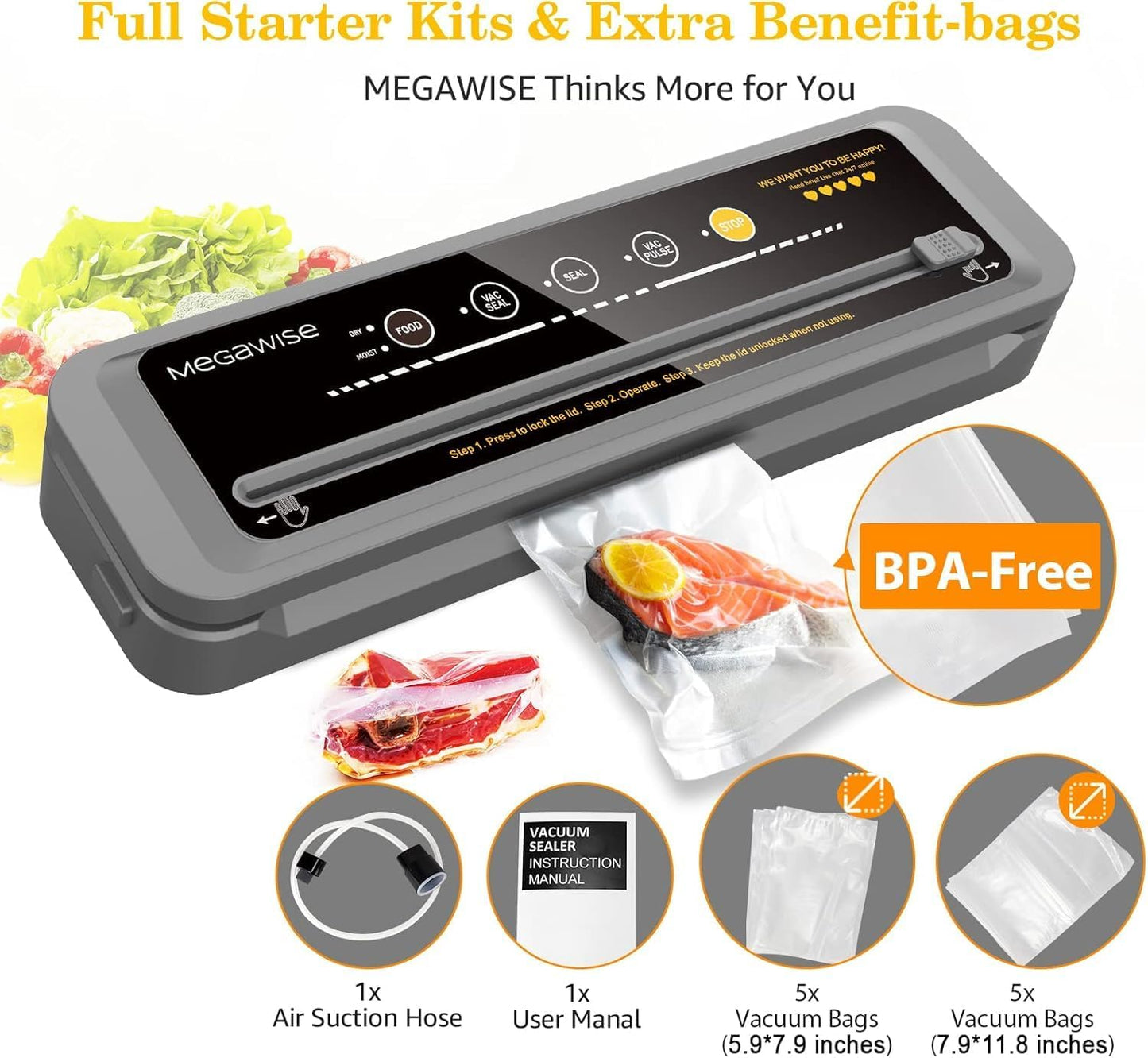 MEGAWISE Vacuum Sealer Machine, 80kPa Food Sealer with Dry & Moist Modes, Built-in Cutter, 10 Vacuum Bags and Accessory Hose, Compact One-Touch Sealing System for Meal Prep and Sous Vide