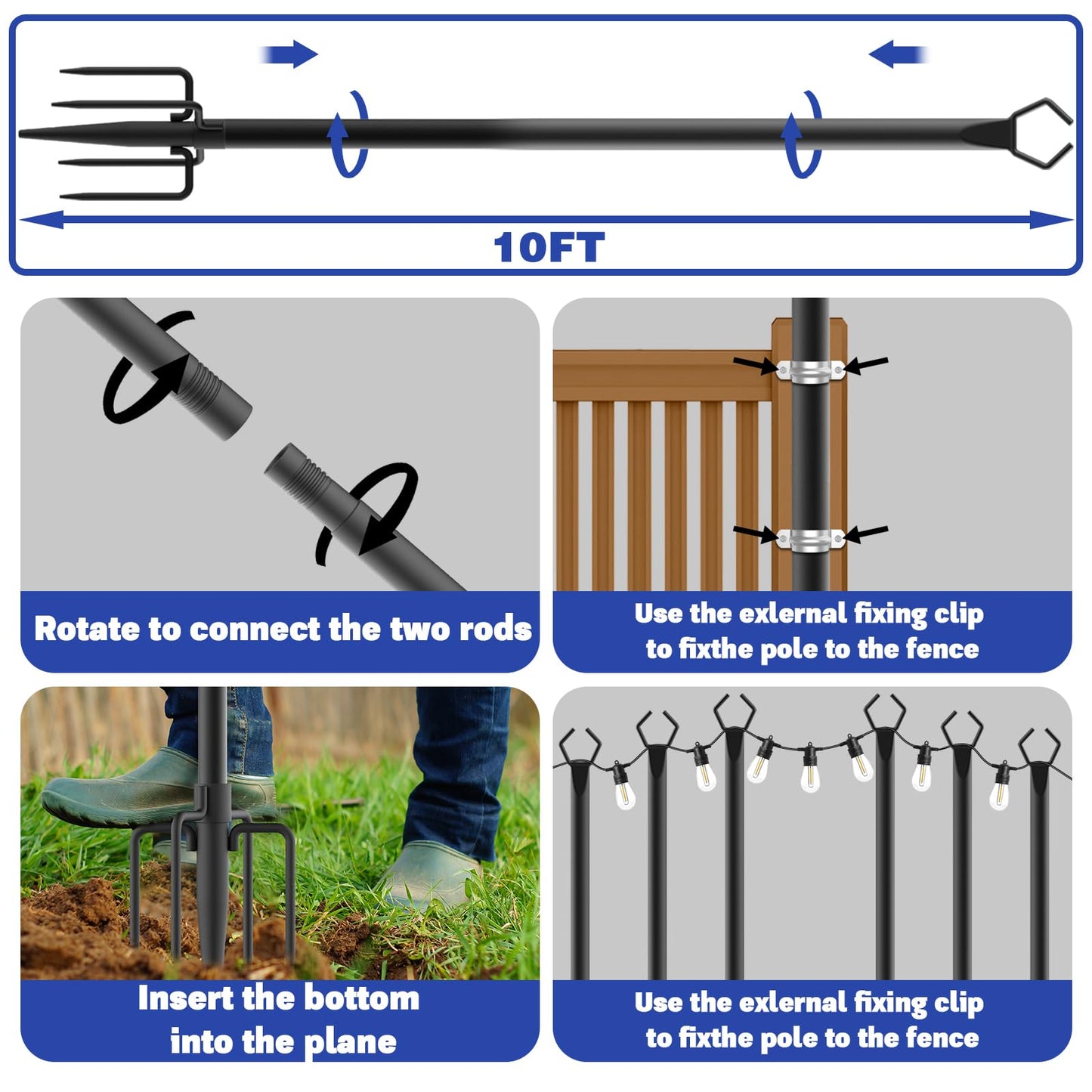 6 Pack 10 ft Heavy Duty Metal String Light Poles Adjustable Outdoor Lighting Stand for Patio,Backyard,Garden,Party & Wedding Rustproof & Sturdy with Hooks (6 Pack)