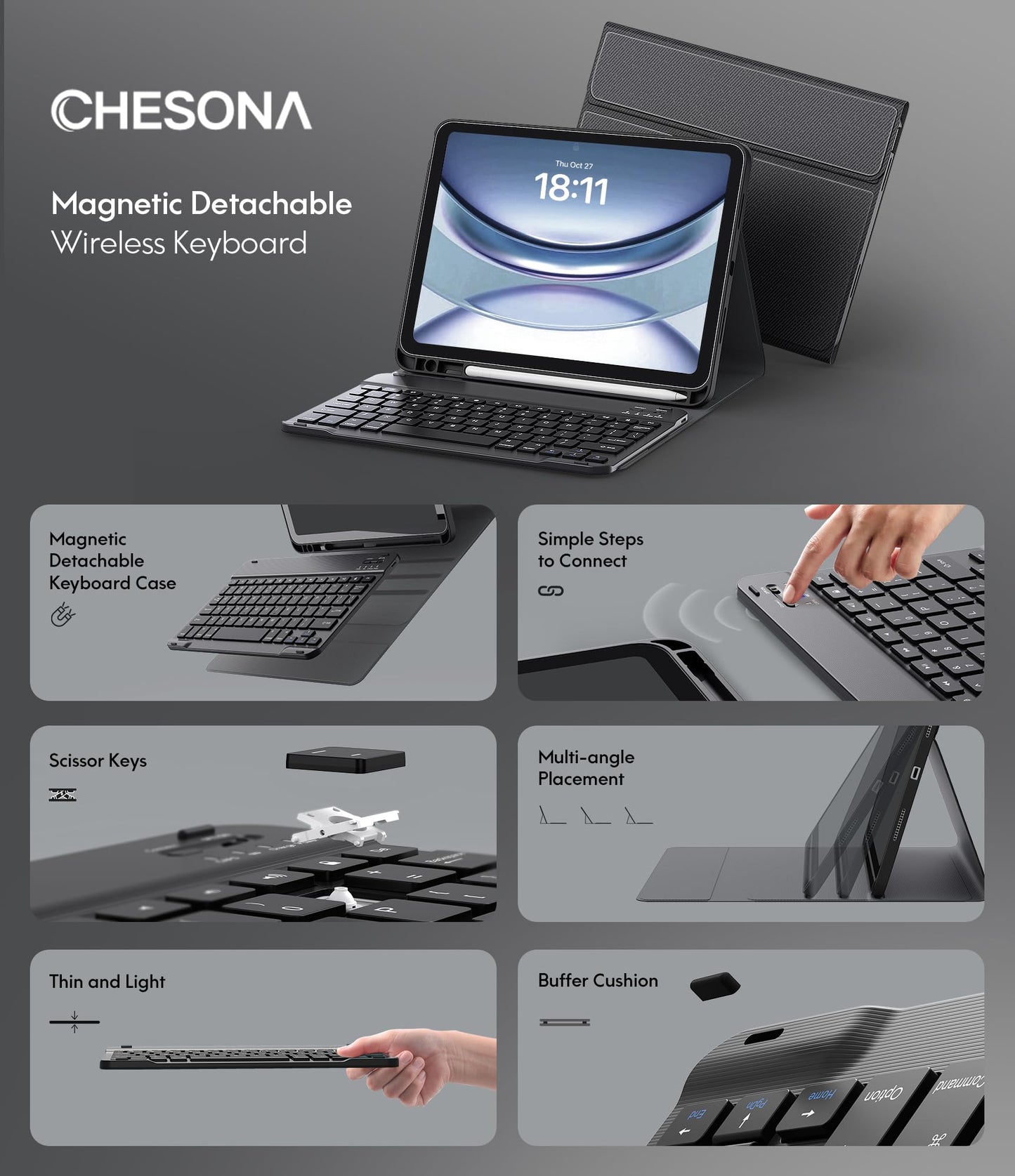 CHESONA Keyboard Case for iPad (A16) 11th 2025/10th Generation 10.9-inch 2022, Magnetic Detachable Wireless Keyboard, Stand Folio Keyboard Cover with Pencil Holder, Thin & Light, Black