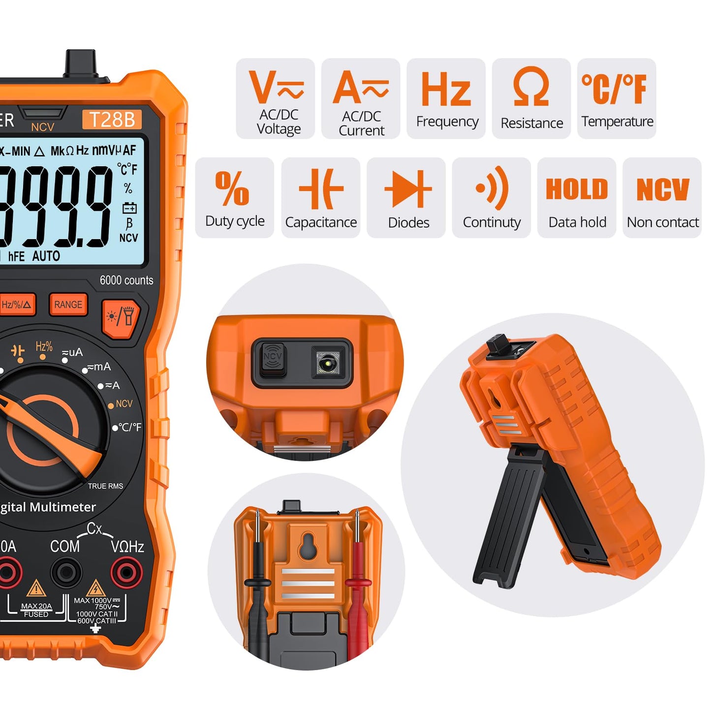 Proster Digital Multimeter 6000 Counts TRMS Auto Range NCV Detector DC AC Voltage Current Meter Temperature Capacitance Resistance Diode Continuity Tester