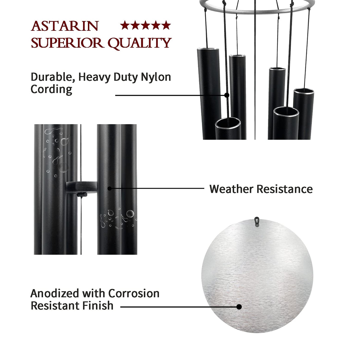 ASTARIN Large Wind Chimes Outdoor Deep Tone,45Inch Sympathy Wind Chimes with 6 Tubes Tuned Relaxing Melody,Memorial Wind Chimes Large for Mom,Garden Decor,Black