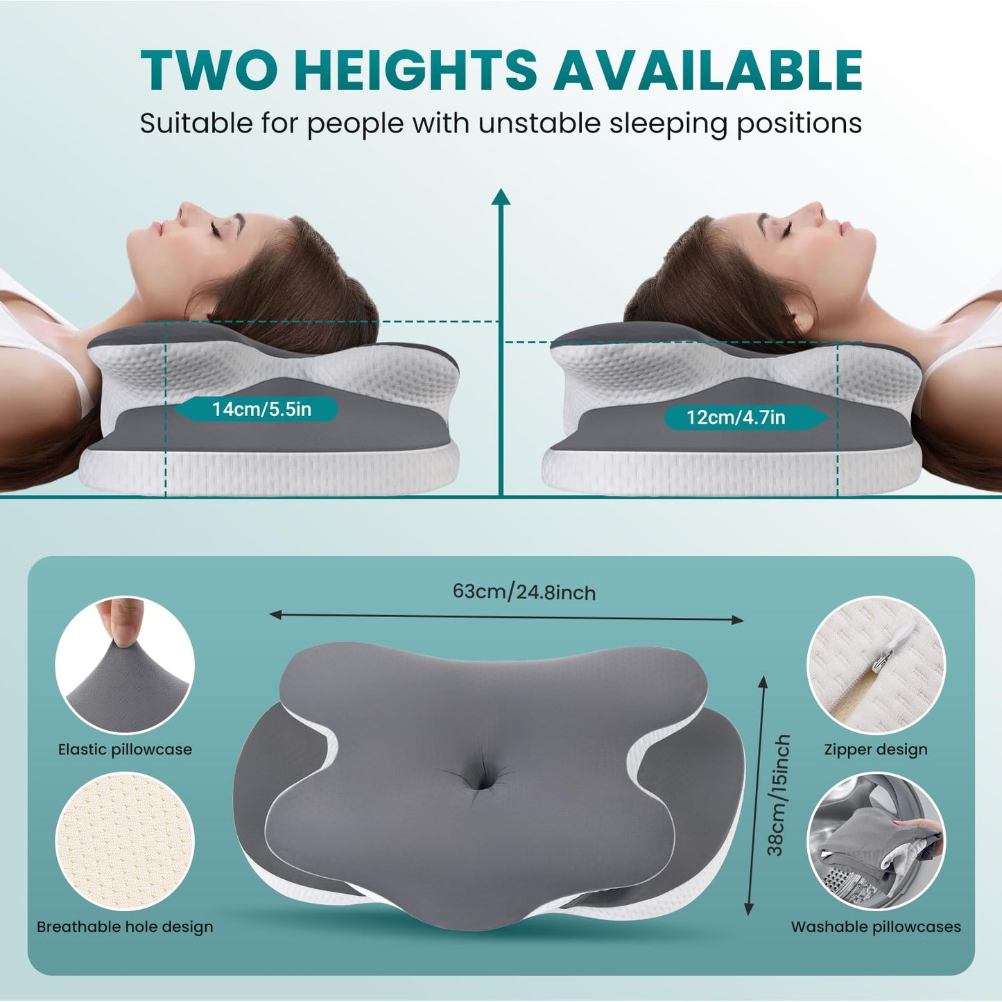 JINXIA Memory Foam Pillow for Sleeping, Ergonomic Orthopedic Neck Support Pillow, Cooling Pillow with Removable Breathable Pillowcase, Ice Silk Material, for Side, Back, Stomach Sleepers - Gray