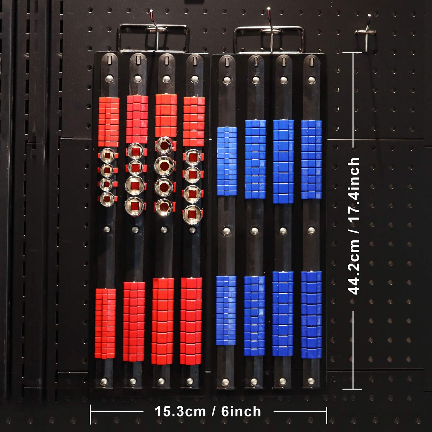Mayouko 80-Piece Portable Socket Organizer Tray, 2 Pcs Set, Blue & Red, Tools Organizer 1/4-Inch, 3/8-Inch, 1/2-Inch, Heavy Duty Socket Holder, Black Rails, Blue & Red Clips