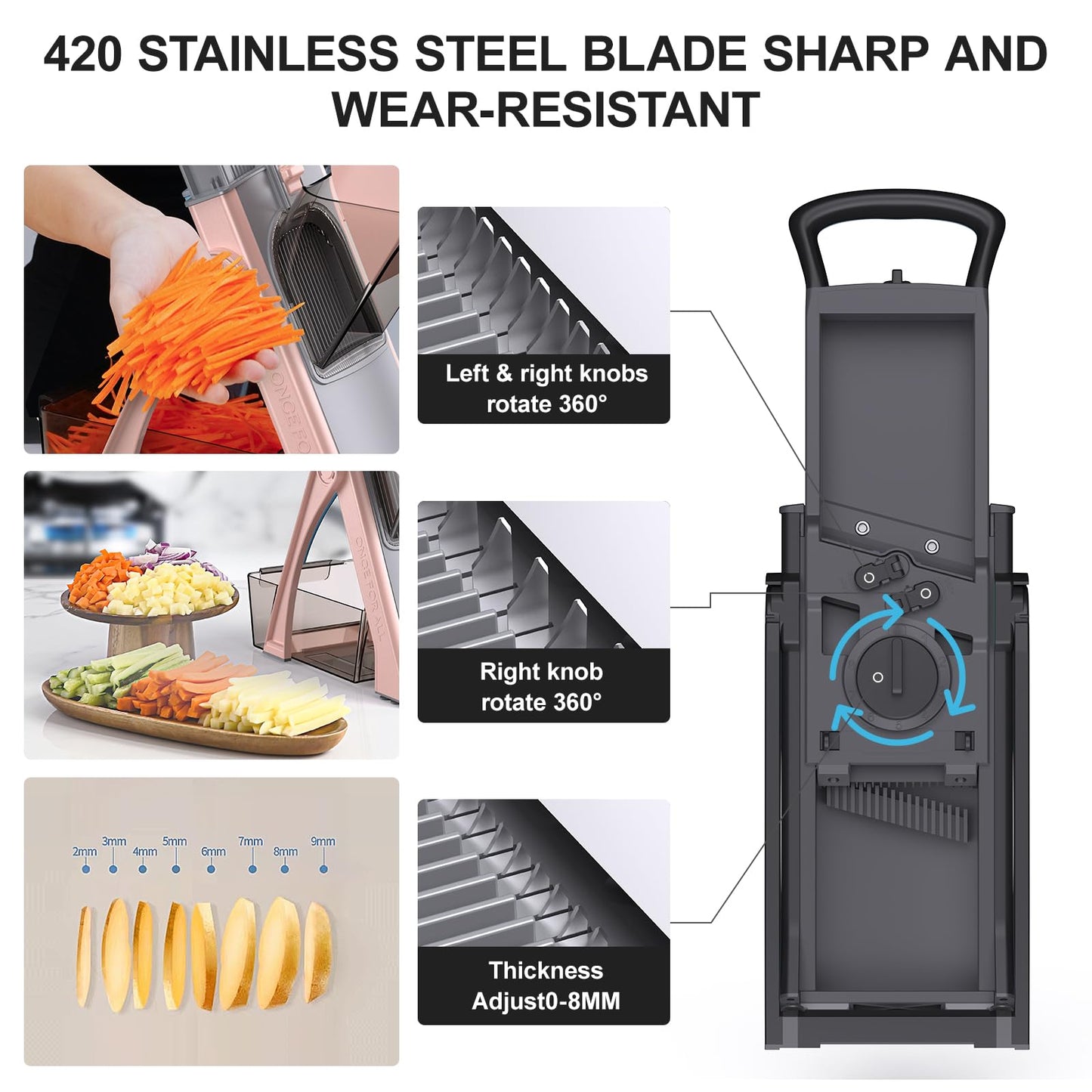 ZTQCSQ 2025 [All in 1] Upgraded Version Safe Mandoline Slicer for Kitchen, Adjustable Thickness. Veggie Slicer, Rapid Prep Mandoline, Detachable Blade, Cleaning Brush/Paring Knife (Black Knight)