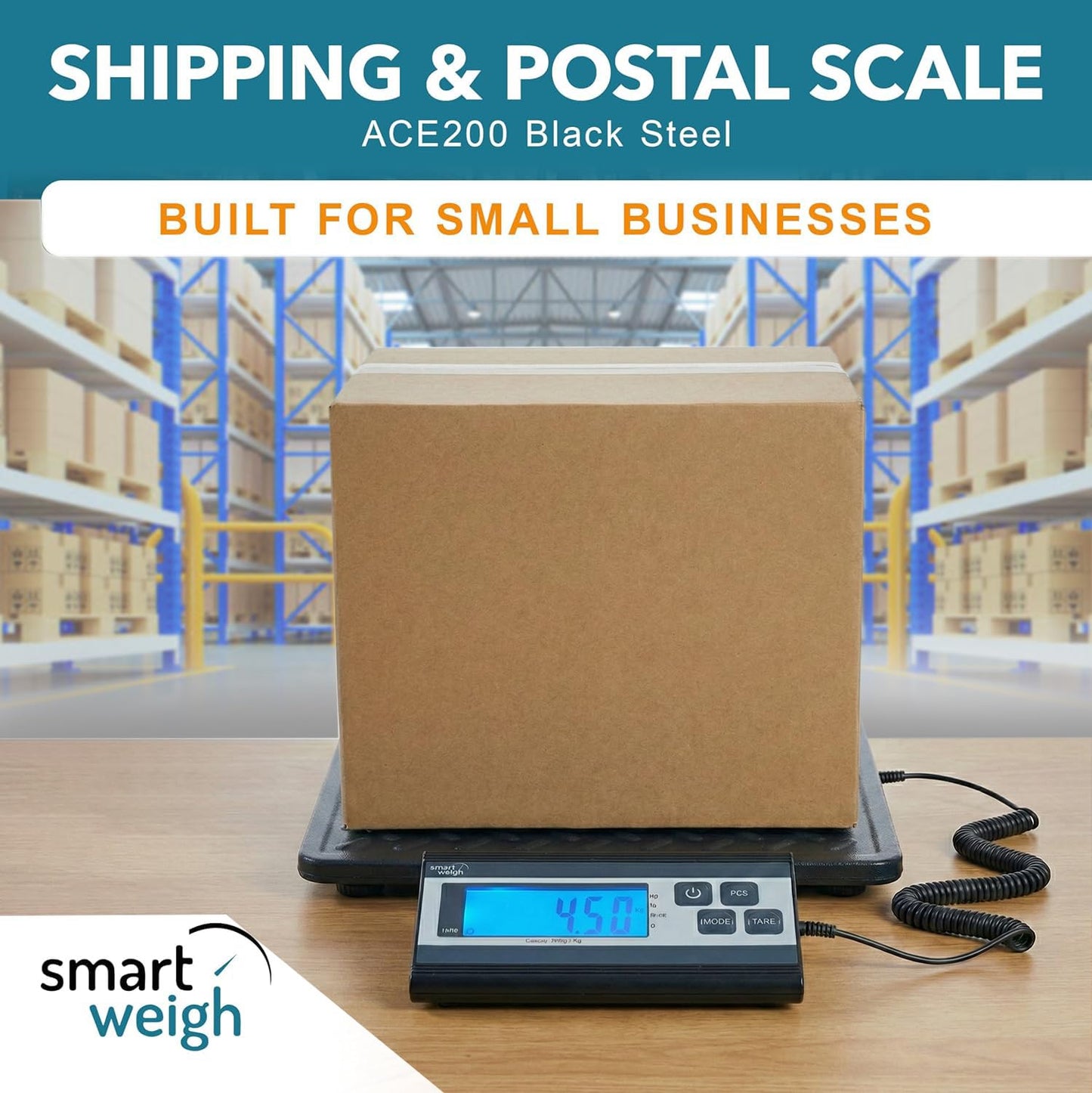 Smart Weigh Digital Postal Shipping Scale, 440 lb Capacity, 1 oz Readability, Tare Function, Battery or USB-C Power, Corded Display, Stainless Steel Large Platform, Black