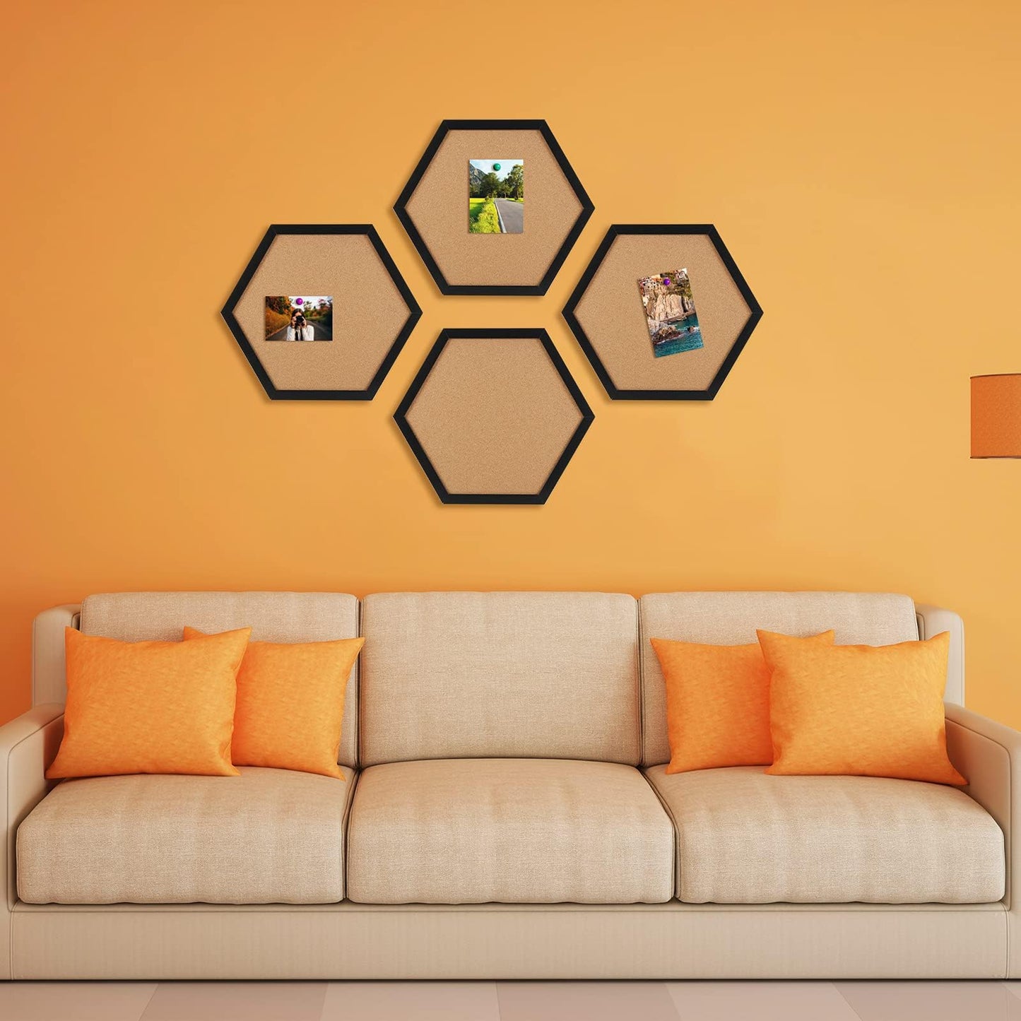 HAKZEON 6 Pack Cork Bulletin Board Hexagon, Small Framed Corkboard Tiles 13.46"x12" with 6 Push Pin Wood Clips and Screws, Thick Decorative Display Boards for Home Office Decor, Black