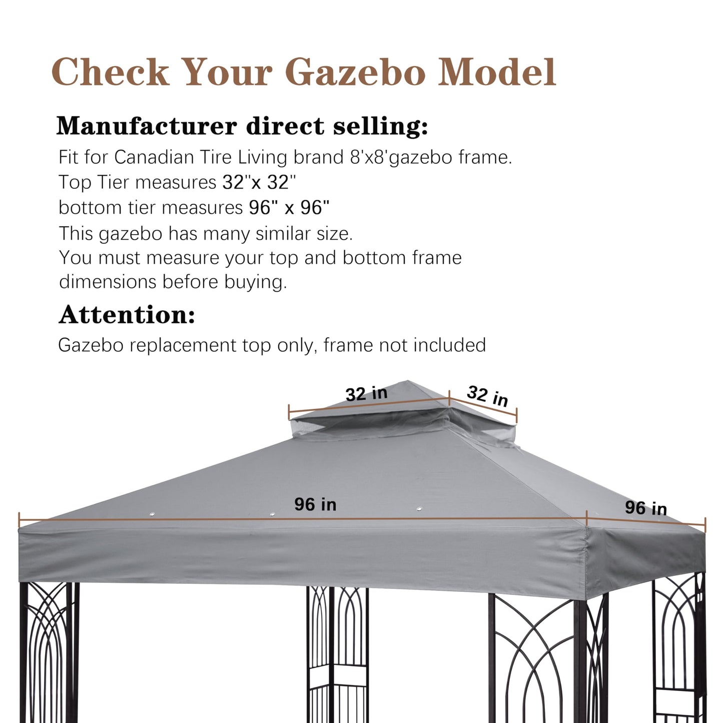 SCOCANOPY 8'x8' Gazebo Top Canopy Replacement Cover Compatible with Canadian Tire Crawford Gazebo, #088-1067-8,Gray