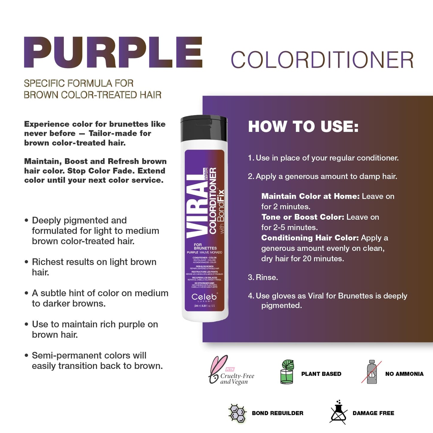 Purple Hair Color Depositing Colorwash Viral Conditioner for Brunettes and Brown Hair + Bondfix Bond Rebuilder, Semi Permanent Hair Color, Vegan Hair Dye by Celeb Luxury