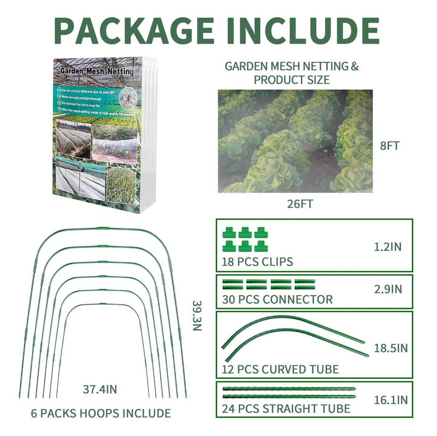 8 X 26 FT Garden Mesh Netting Kit, 6PC Garden Hoops for Row Cover, Garden Netting Kit for Raised Beds Outdoor, Garden Netting Mesh Hoop Grow Tunnel for Courtyard & Vegetable Garden