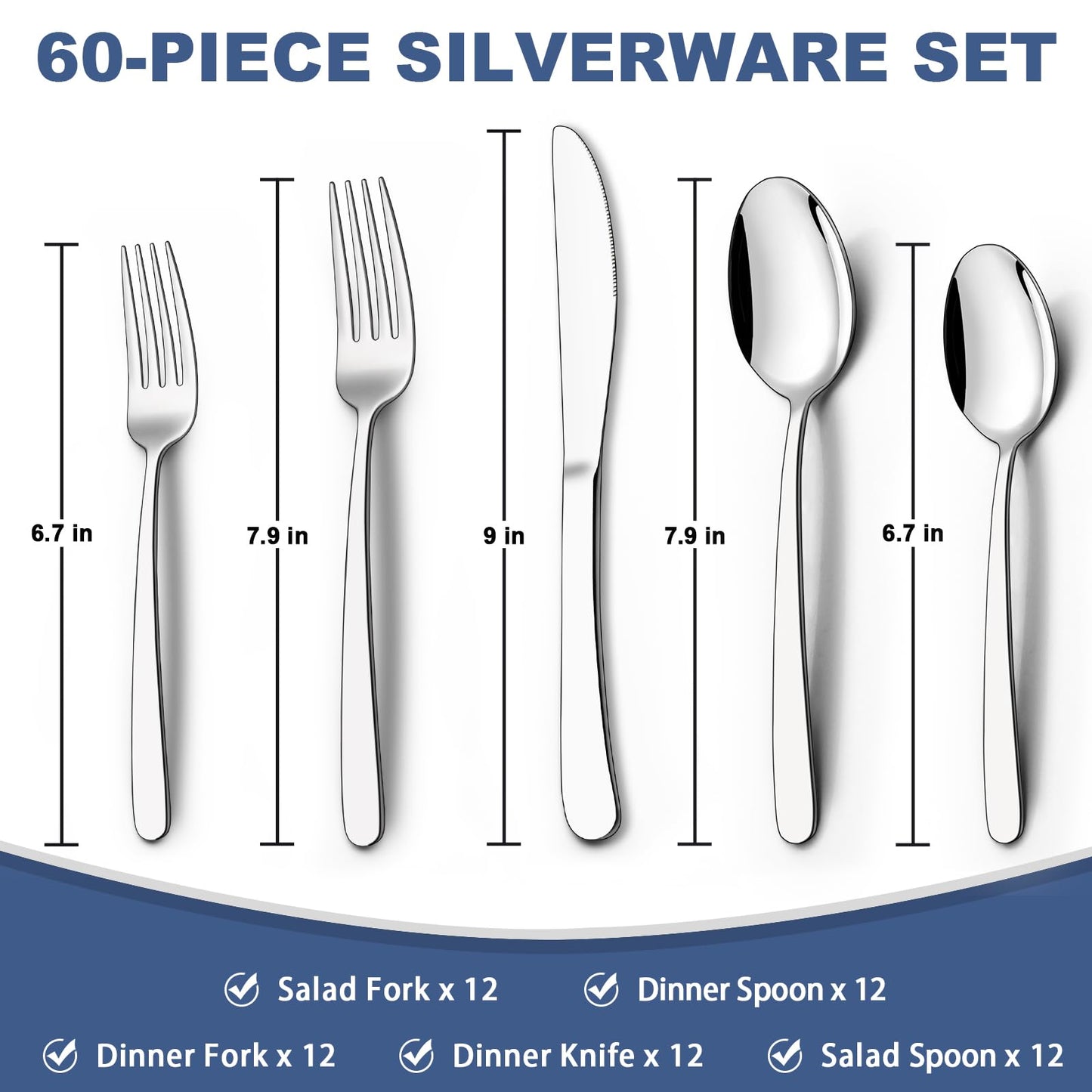 60-Piece Silverware Set Service for 12, Wildone Premium Stainless Steel Flatware Set, Mirror Polished Cutlery Utensil Set for Home Restaurant, Include Fork Knife Spoon Set, Durable, Dishwasher Safe