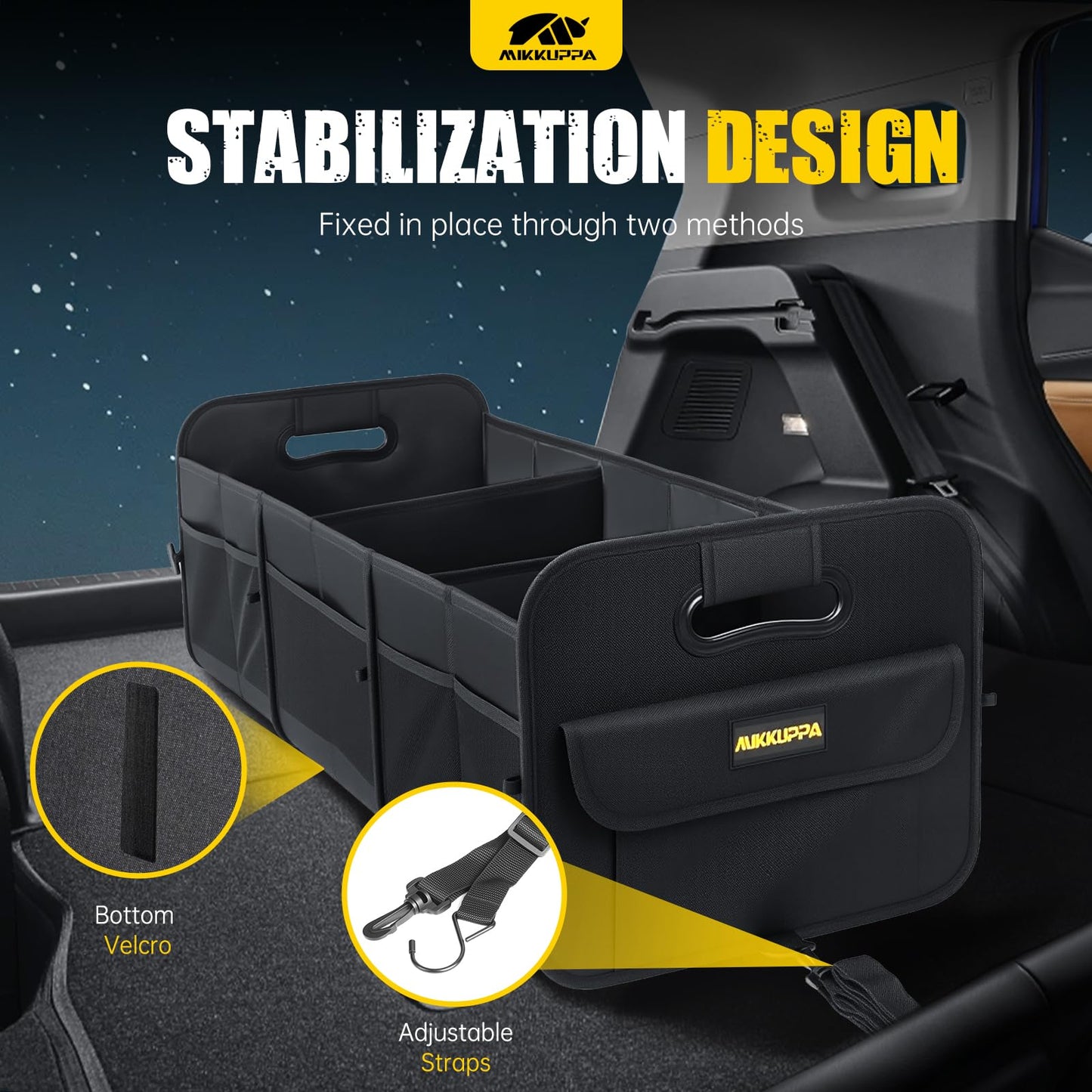 MIKKUPPA Car Trunk Organizer - 105L Collapsible Large Trunk Organizer for Groceries, Trunk Storage Organizers for SUV Auto Truck Van with Non Slip Bottom (Black)