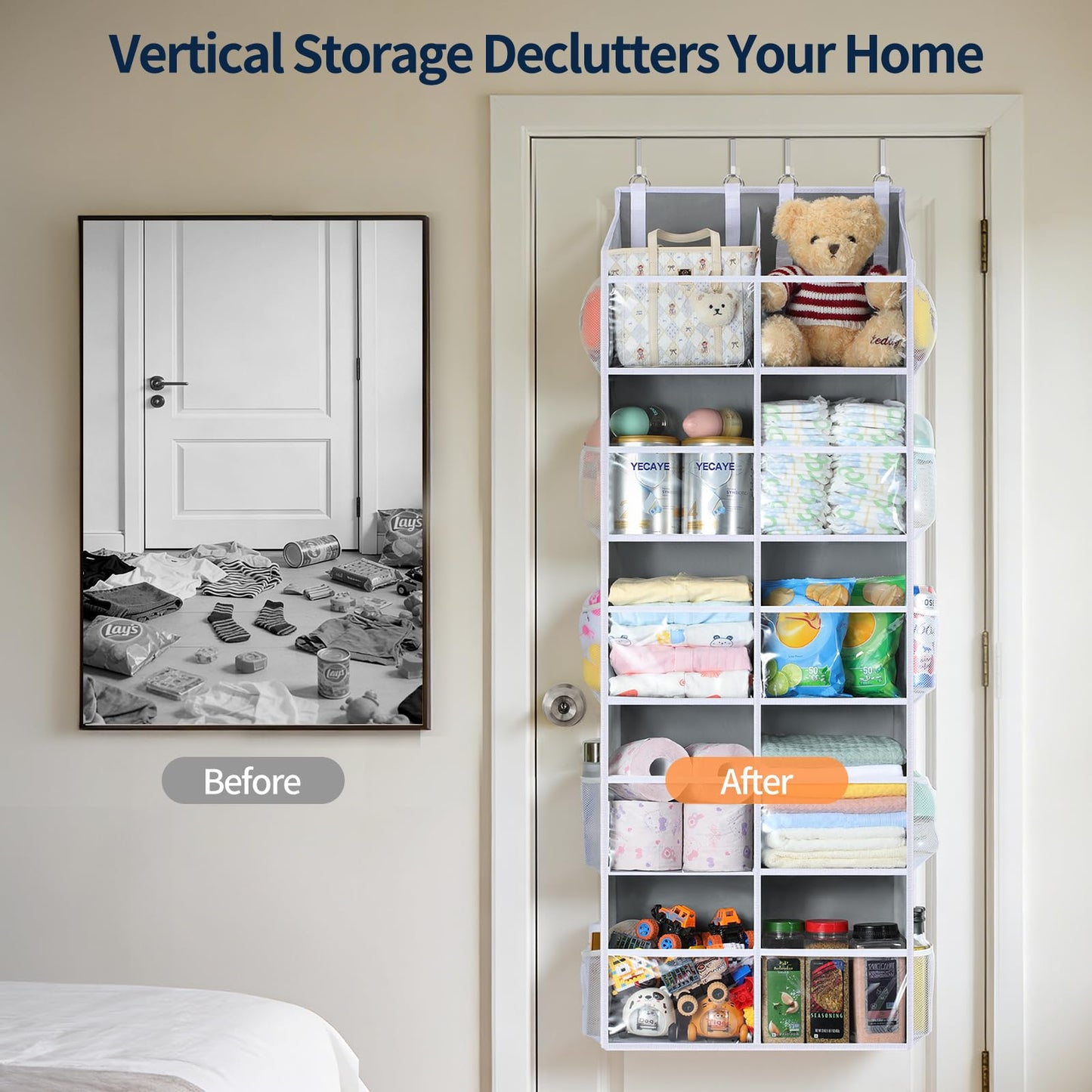 Yecaye Over The Door Organizer 5 Tier, 80lb Capacity Extra Large Behind Door Storage of 10 Clear Window, Heavy Duty Door Hanging Organizer for Closet Bedroom Bathroom Diaper Nursery, Double, Gray
