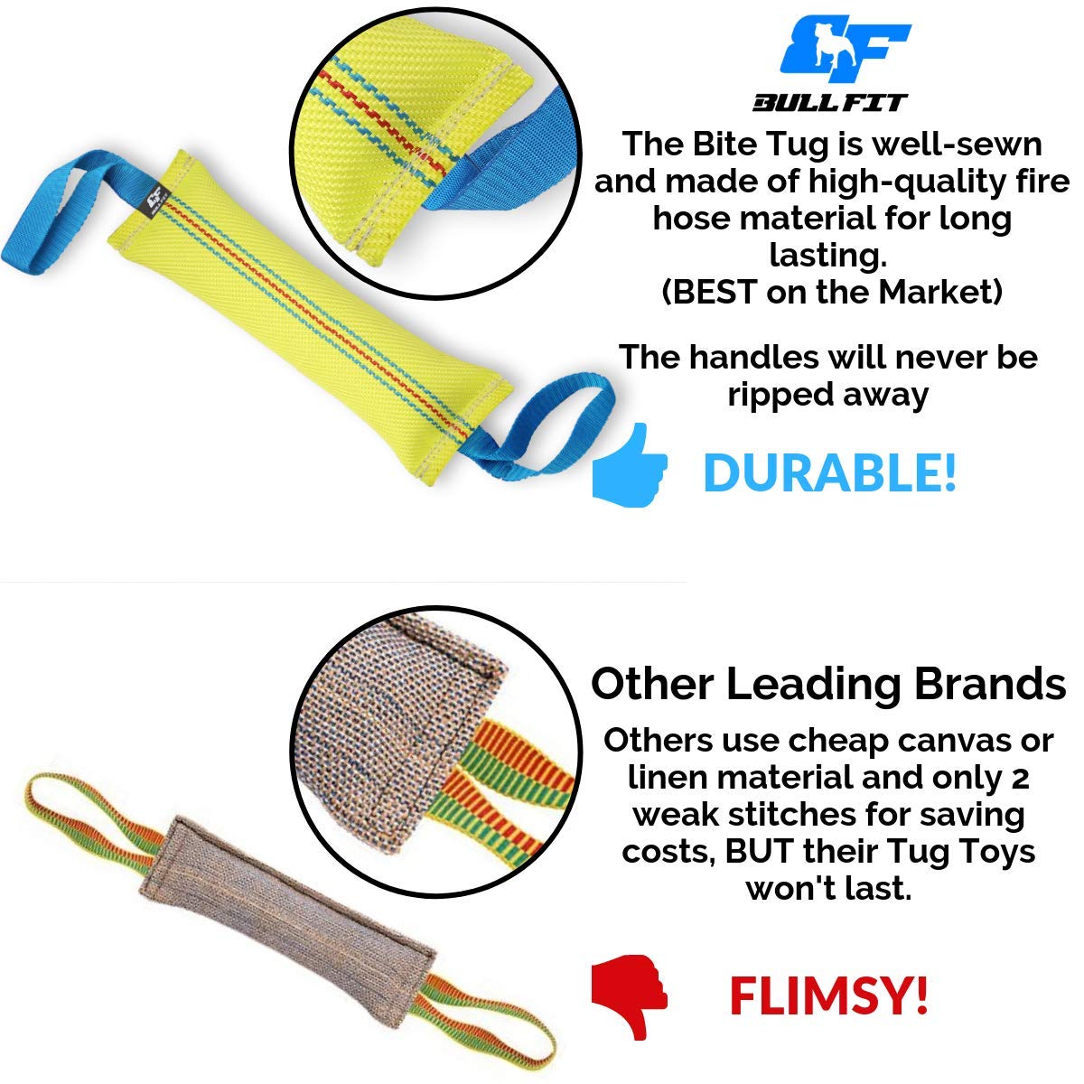 Bull Fit Dog Bite Tug Toy with 2 Strong Handles - Tough, Durable Fire Hose Dog Tug for Medium to Large Dogs - Ideal for Tug of War, Fetch, Puppy Training & Fun Interactive Play - Handmade Pull Toys