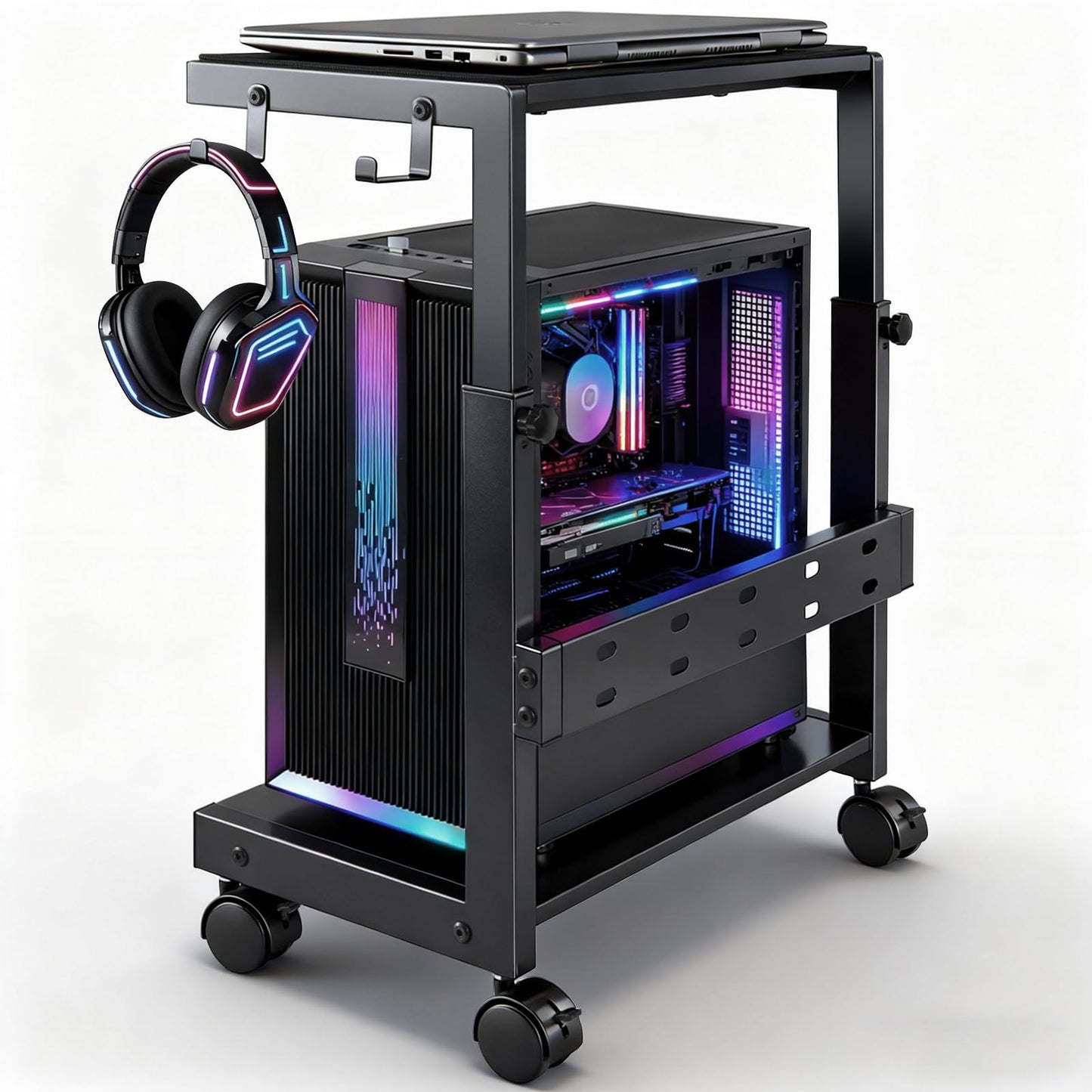 SWOK Adjustable Computer Tower Stand for Gaming & Office, CPU Stand with Mobile Wheels & Mouse Pad, Desktop Computer Stand for Floor, 24.6-28.7 Inches Tall, Computer Carts