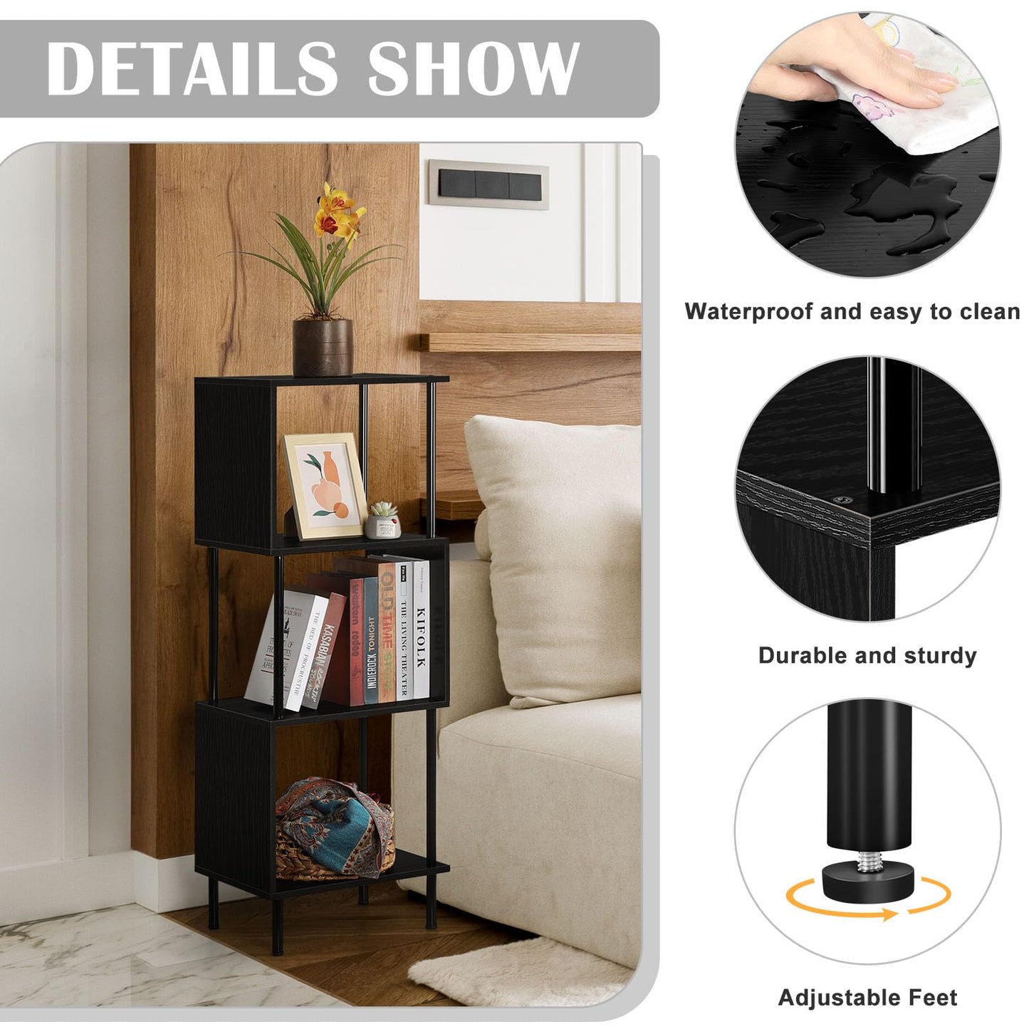 4 Tier Bookshelf for Small Spaces Narrow Black Bookcase Organizer S-Shaped Wood Corner Bookshelves for Bedroom, Study Room, Living Room and Home Office