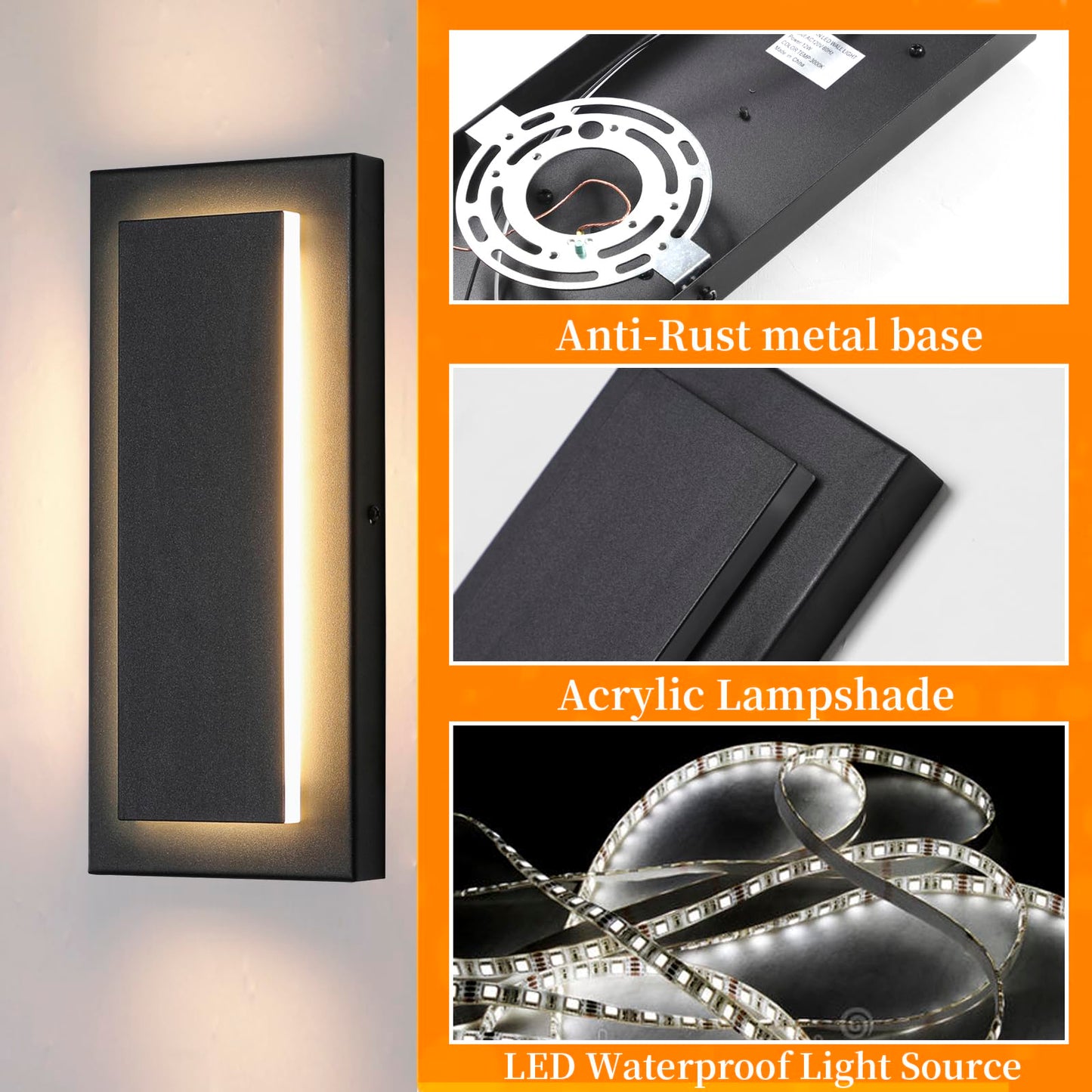 ZSMAIKU 11.8" Outdoor Wall Lights, Black Led Wall Sconces,Exterior Light Fixtures Wall Mount, 3000K Warm White,Waterproof Modern Porch Hallway Front Door Lights 360°Beam Angle 1 Pack