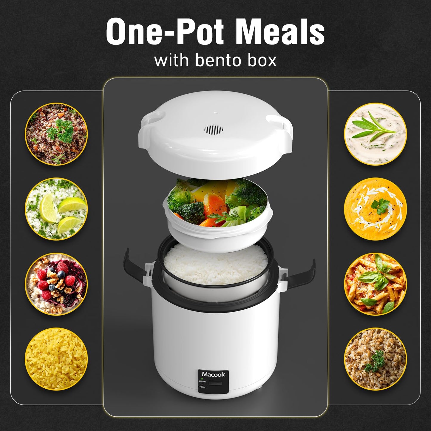 Macook Rice Cooker Small, 3-Cup Cooked (1.5 Cup Uncooked) Mini Rice Maker with Bento Box & Nonstick Pot - for Grains, Soup, Oatmeal, Keep Warm, Black