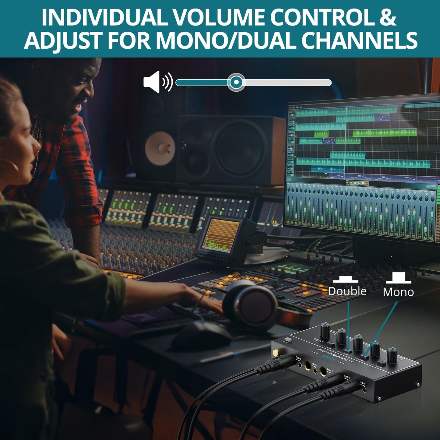 4 Channel Audio Mixer, Mini Karaoke Mixer, 3.5mm&6.35mm I/O Interface, Mono/Stereo Mixer, Independent Control and Switch, Sound Mixer for Guitars, Bass, Keyboards, Stage, Dynamic Microphone