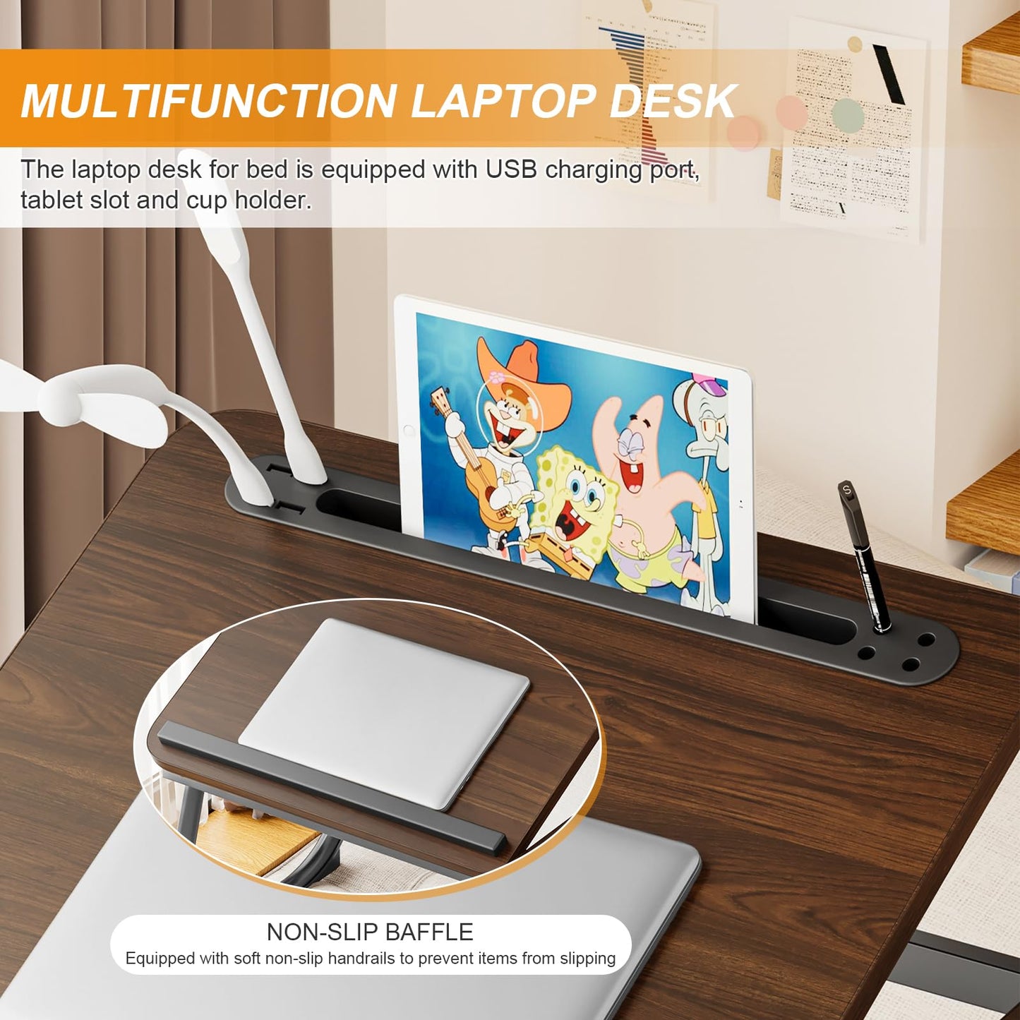 Laptop Desk for Bed, Adjustable Laptop Stand with 5 Adjustable Angles, Portable Lap Tray Table with USB Charge Port and Cup Holder, Laptop Bed Desk Tray for Eating Working (Brown)