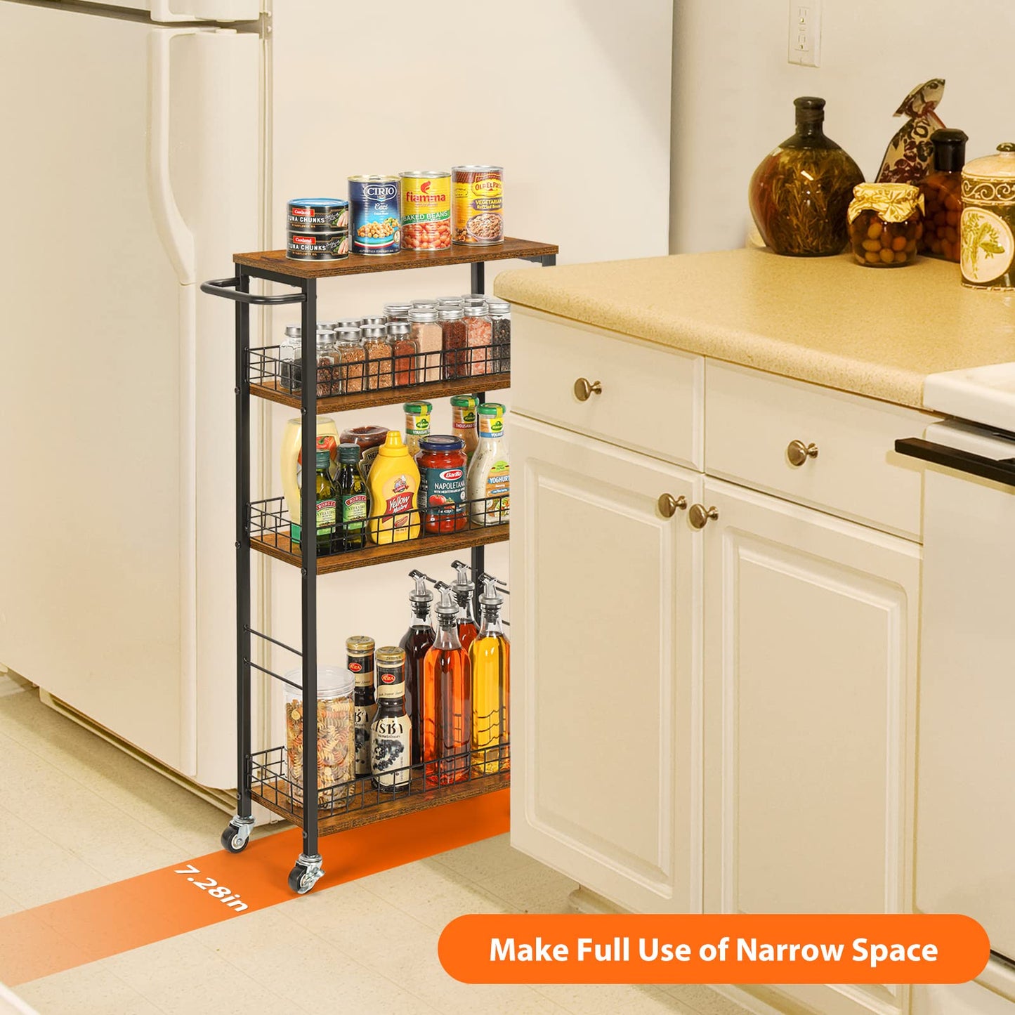 YBING 4 Tier Slim Kitchen Storage Cart with Wheels, Rustic Brown, 31D x 46W x 60H cm