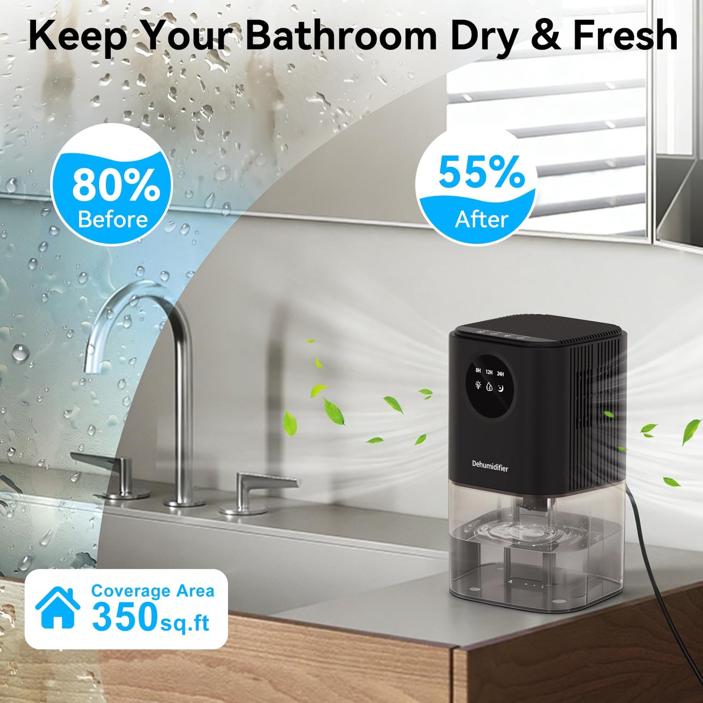 Dehumidifier, 57oz Small Dehumidifiers for Home, Ultra Quiet (25dB) 350 sq ft Mini Dehumidifier, Portable for Bathroom Bedroom Closet Basement RV, with 7-Color LED, Smart Defrost, Auto Shut-Off