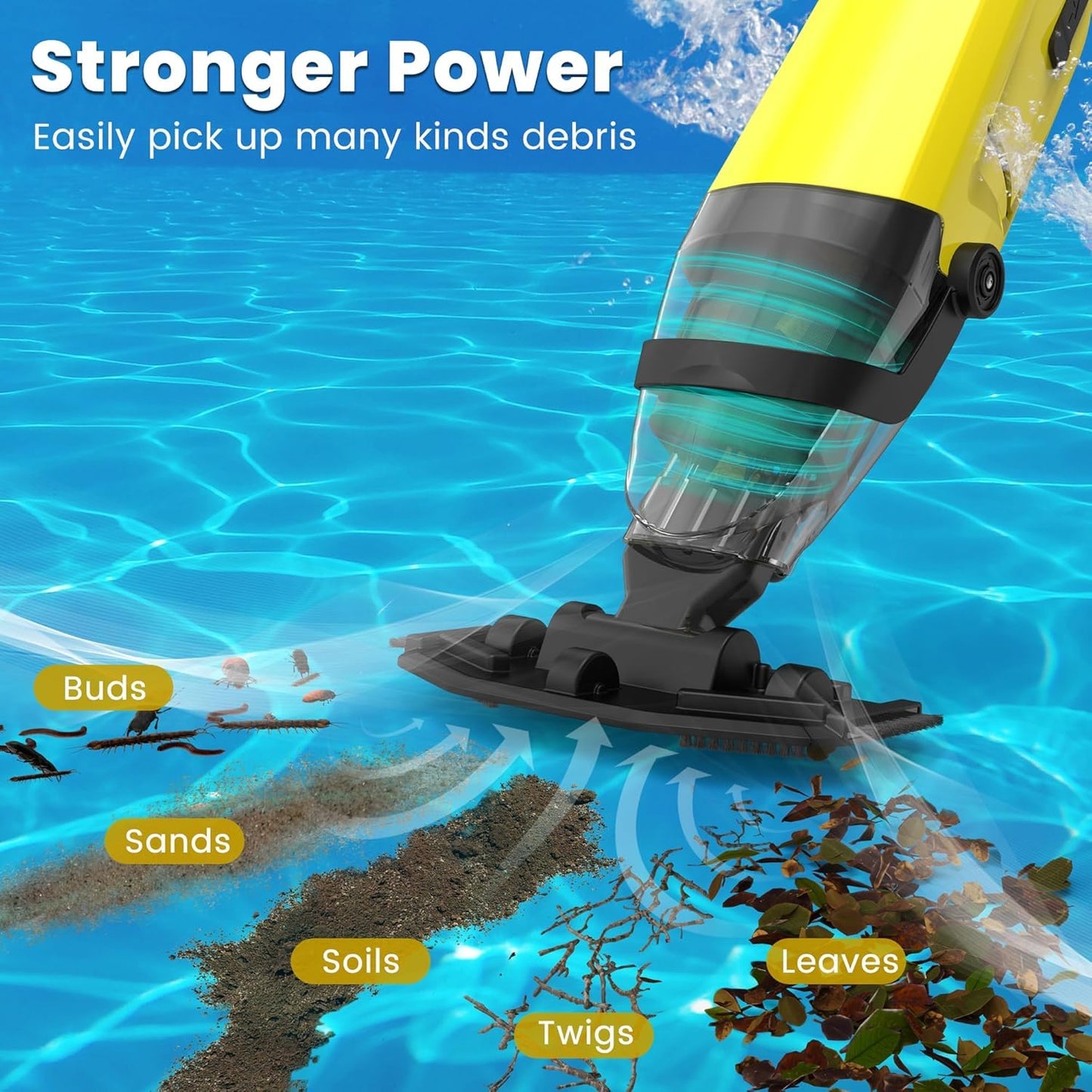 Cordless Pool Vacuum Cleaner for Above Ground Pool & In Ground Rechargeable Pool Vacuum Cleaner - 90 Mins Runtime, with 69" Telescopic Pole, Spa Vacuum for Hot Tub- Fast 3H Charge (Yellow)