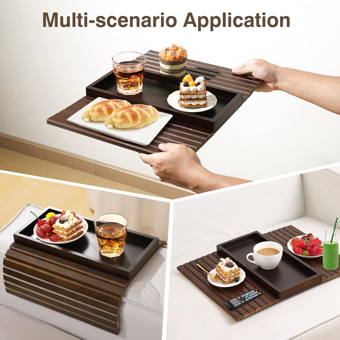 Kssiaz Couch Arm Tray, Bamboo Sofa Tray Table, Sofa Armrest Table, Anti-Slip Armrest Organizer, Foldable Couch Cup Holder for Snacks, Phone, Control, Cups, Brown