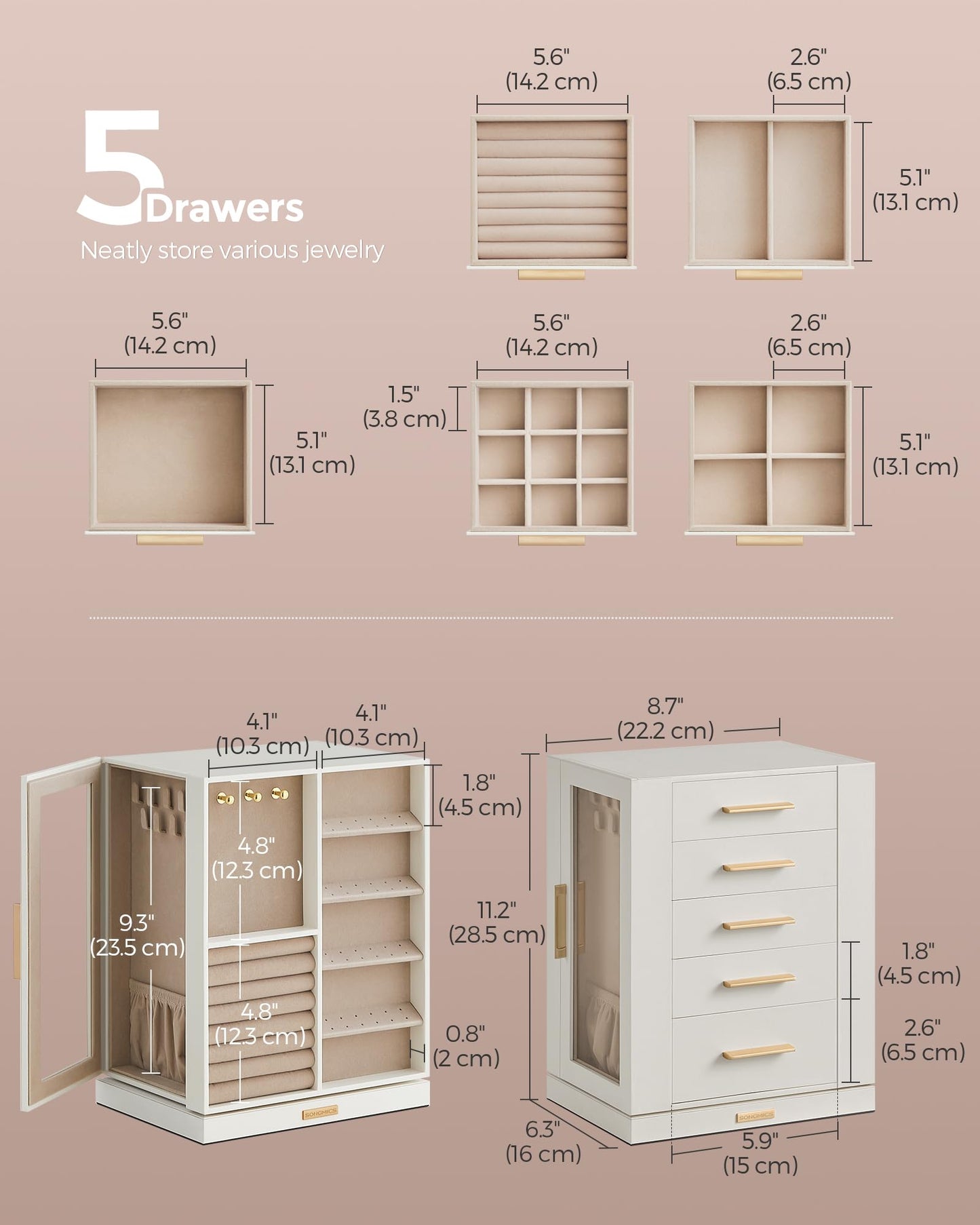 SONGMICS GISELLA Collection - Jewelry Box Organizer 360° Rotating, Large Vertical Jewelry Storage Case with 5 Drawers, Shiny Metal Hardware, Glass Window, Gift Idea, Cloud White UJBC170W01