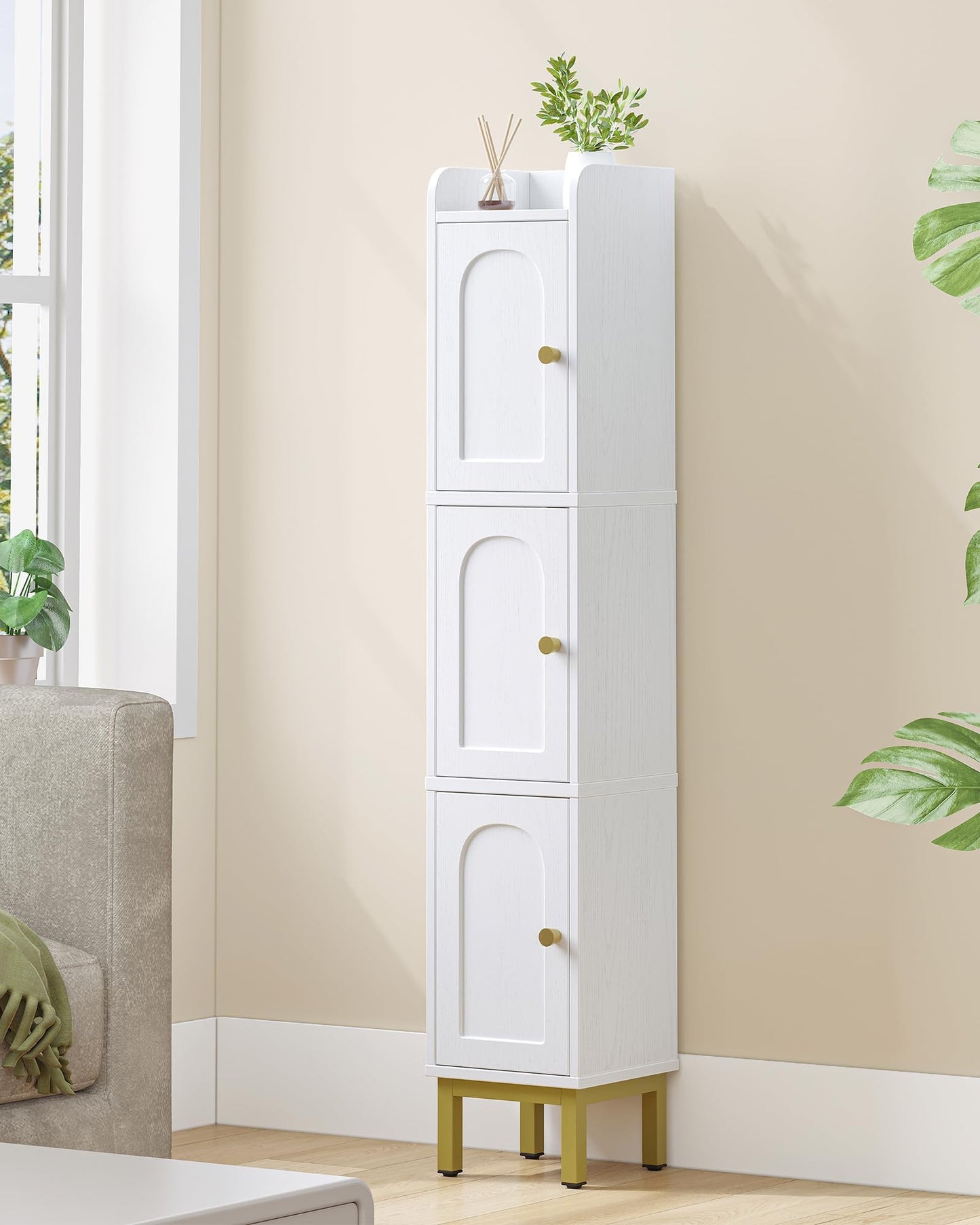 Hzuaneri Slim Bathroom Storage Cabinet, Narrow Bathroom Organizers and Storage with 4 Adjustable Feet, Laundry Room Organization for Small Space, Kitchen, Living Room, 3 Doors White BC22313G