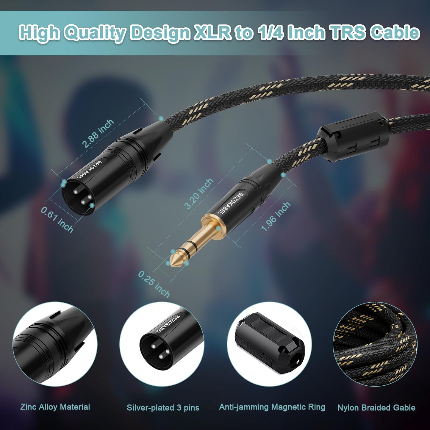 BEZOKABEL XLR to 1/4 Inch (6.35mm) Male Cable, 10ft 2-Pack, TRS Microphone Cable Nylon Braided