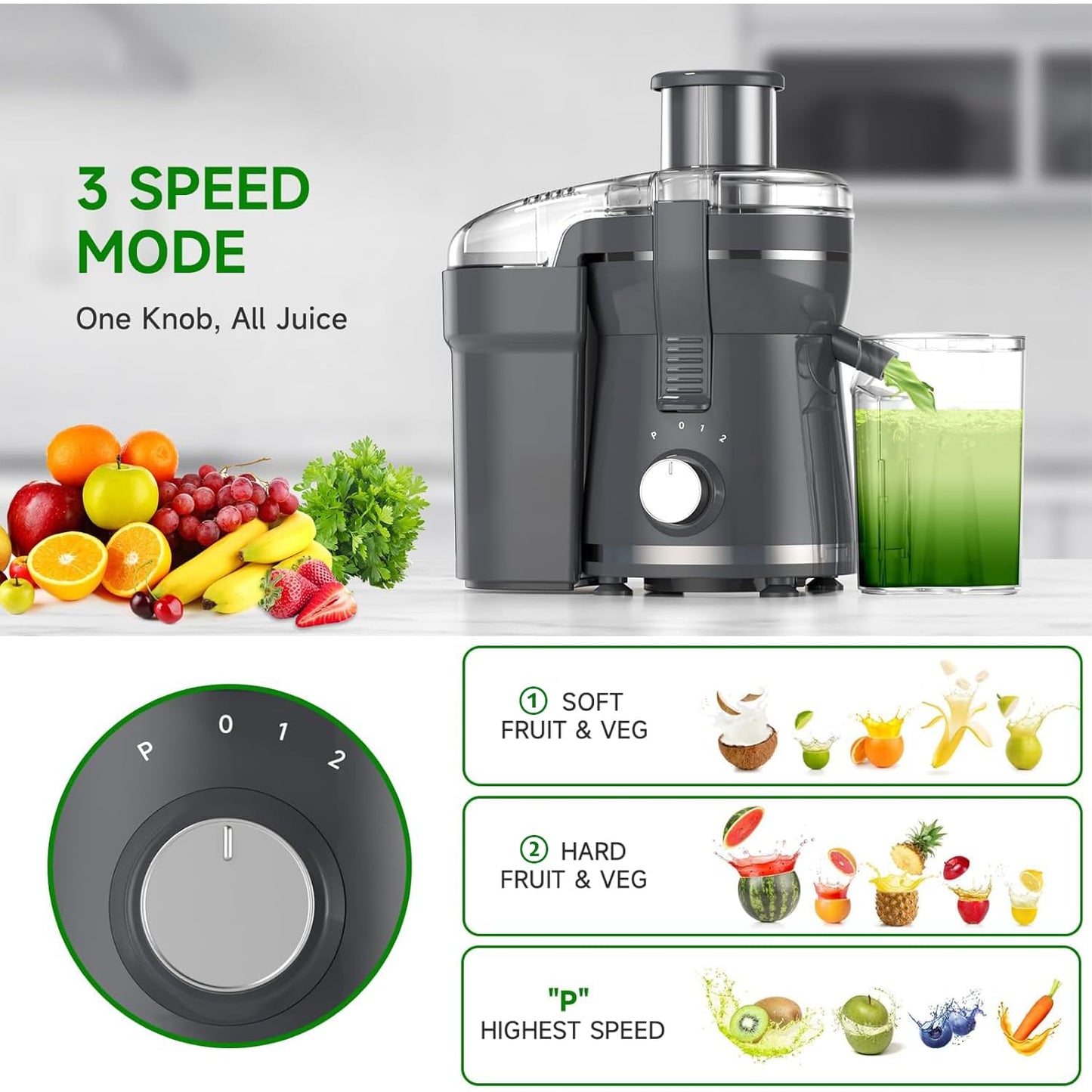 Juicer Machine, 500W Centrifugal Juicer Extractor with 3 Speed & Wide Mouth 3” Feed Chute for Fruit Vegetable, High Yield Juicer Included Cleaning Brush for Easy to Clean, Grey