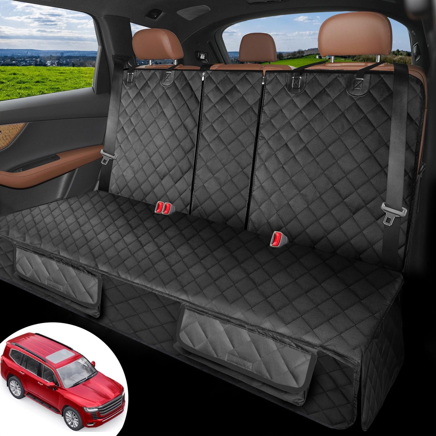 Waterproof Pet Seat Cover Car Seat Cover Protector for Dogs, Heavy Duty Scratch Proof Nonslip Durable Soft Pet Back Seat Covers for Cars Trucks and SUVs with 2 Belts (All Black, M)