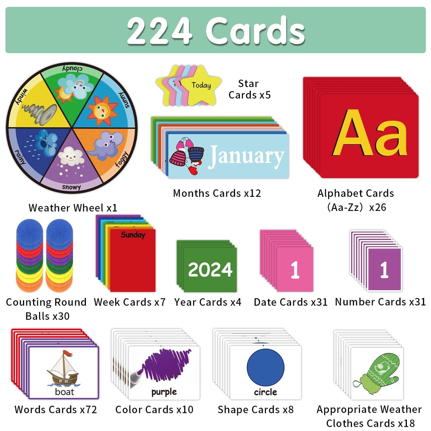 Circle Time Learning Center Pocket Chart, Kids Calendar for Classroom, Educational Pocket Chart Learning Calendar Weather Letter Counting Rhyme Color Shape