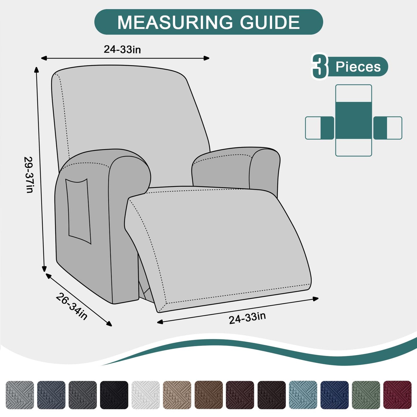 Ruaozz Recliner Sofa Covers Recliner Chair Covers Recliner Covers for Reclining Chair with Pockets Washable Furniture Protector with Elastic Bottom (1 Seater, Grey)