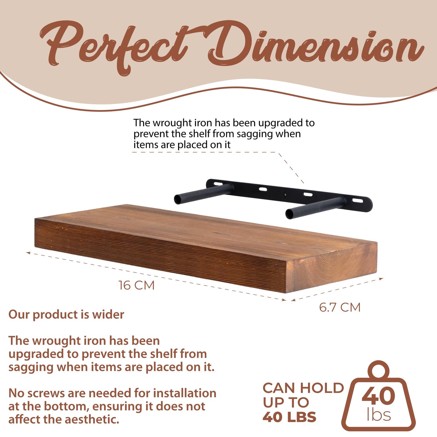2 Pc Natural Pine Wooden Floating Shelves for Wall with No Drilling; Wall Mounted Wood Shelf Set; Wall Shelves for Living Room, Bathroom, Kitchen and Bedroom Bookshelf (Walnut,16)